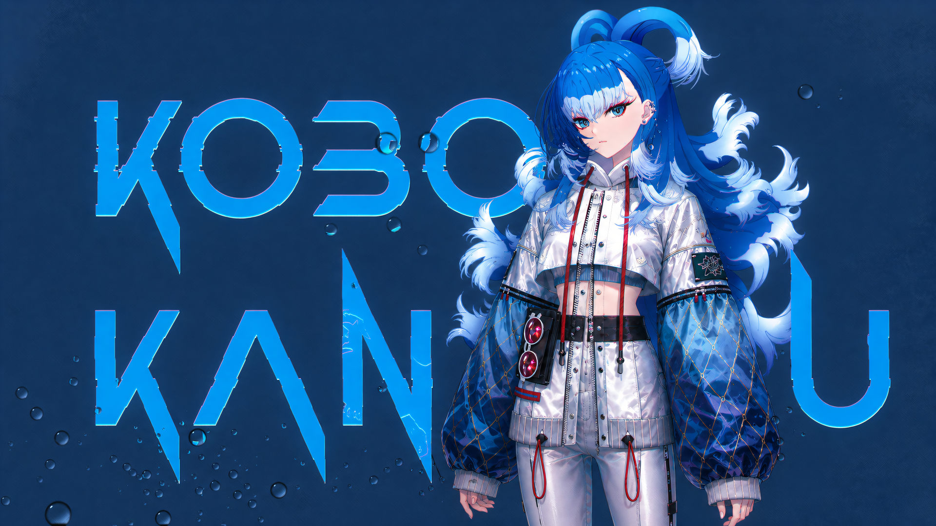 4K Ultra HD PC desktop wallpaper of hololive VTuber Kobo Kanaeru — blue-haired anime girl in white-blue futuristic outfit with stylized KOBO KANAERU text on dark blue background.