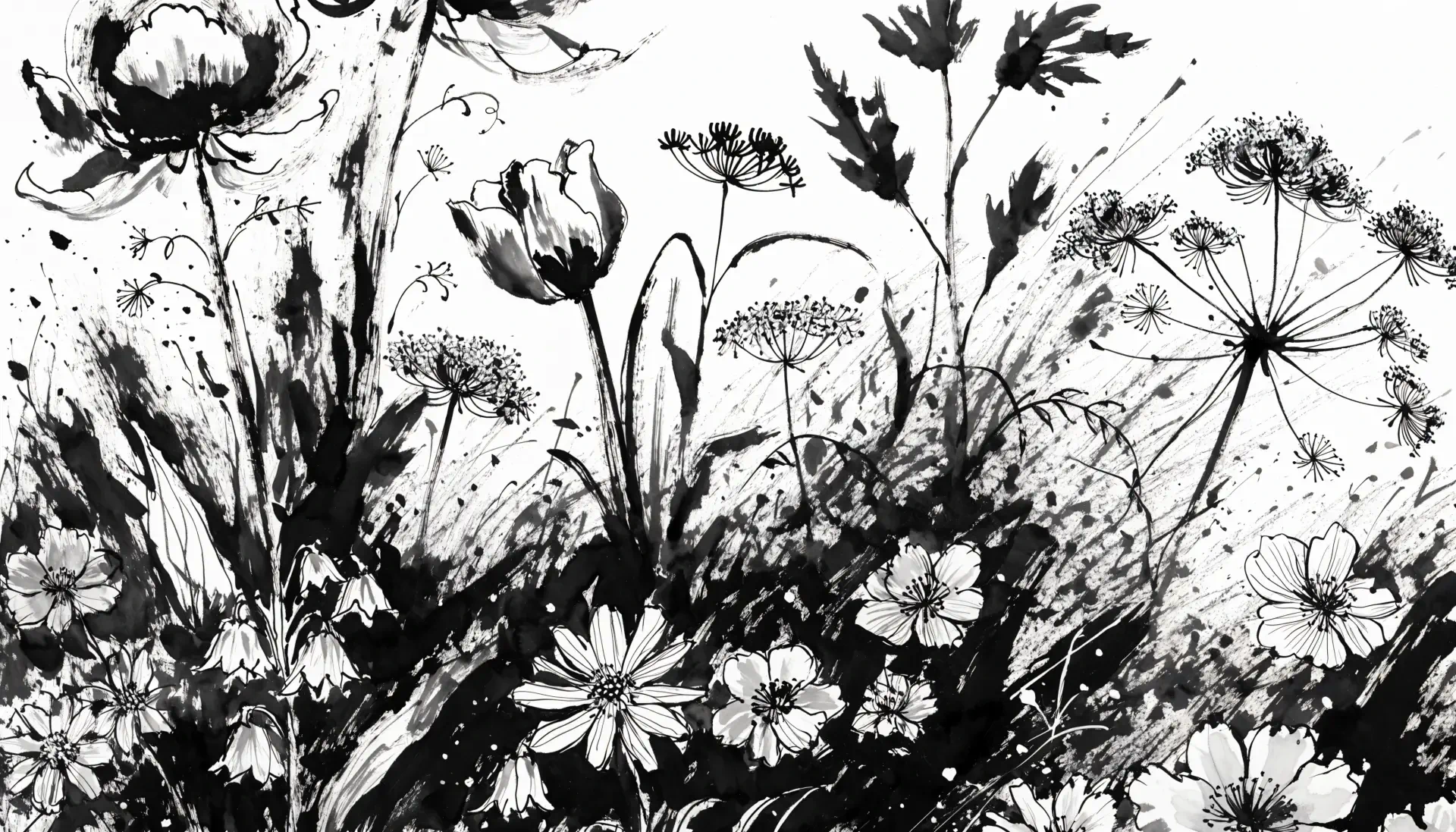 Monochrome ink illustration of a blooming meadow of wildflowers and plant seed heads, floral details in black and white — 4K Ultra HD PC desktop wallpaper