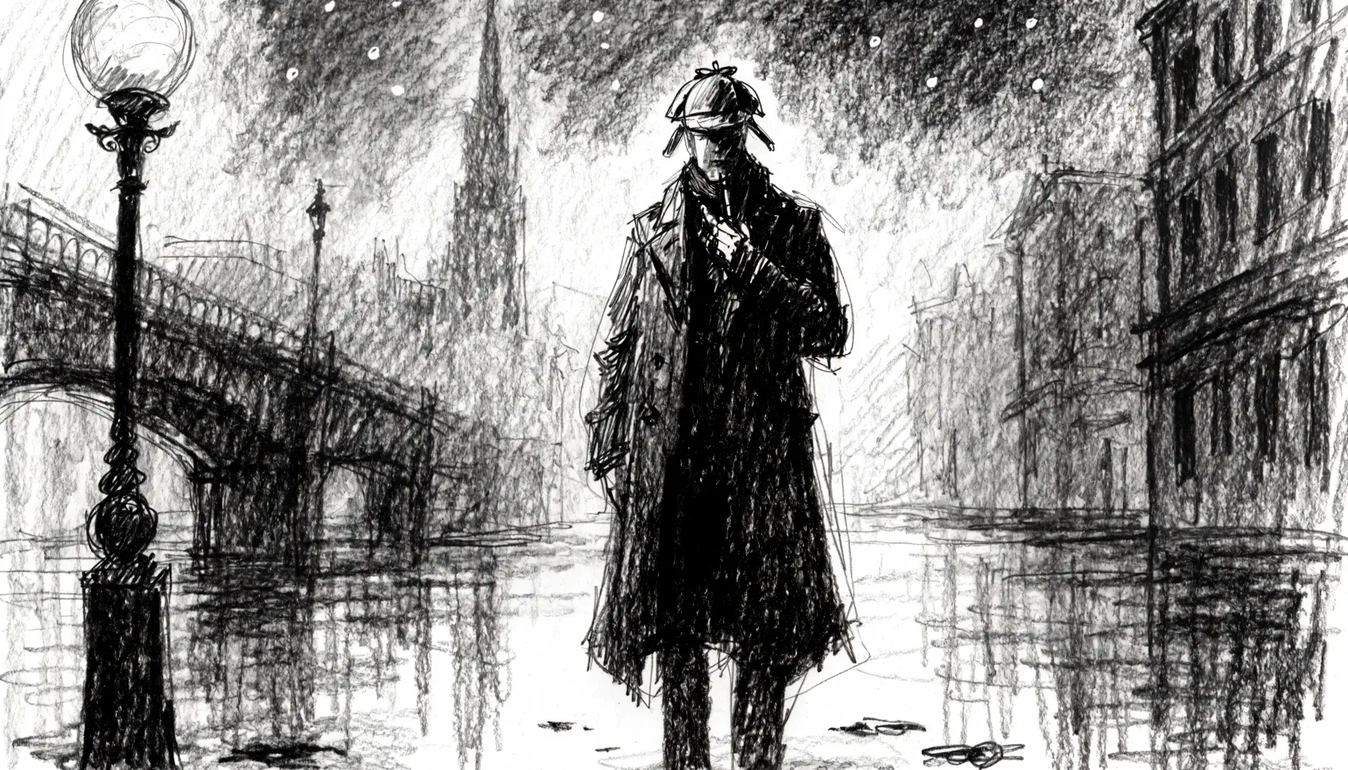 4K Ultra HD PC wallpaper: moody black-and-white sketch of Sherlock Holmes — a silhouetted man in deerstalker and cloak on a rain‑slick street beneath gas lamps.