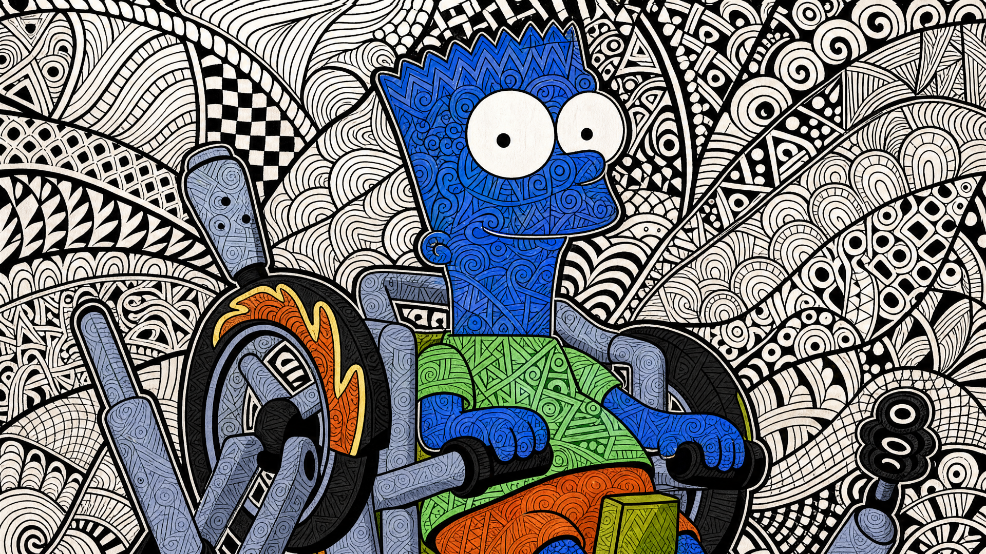 4K Ultra HD PC desktop wallpaper: Barf Simmons (meme) — blue patterned cartoon in a wheelchair set before an intricate black-and-white zentangle background.