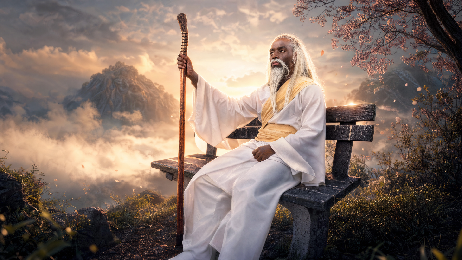 La Peace (meme): robed white‑bearded sage with a staff sits on a bench overlooking misty mountains at golden dusk — 4K Ultra HD PC desktop wallpaper and background.