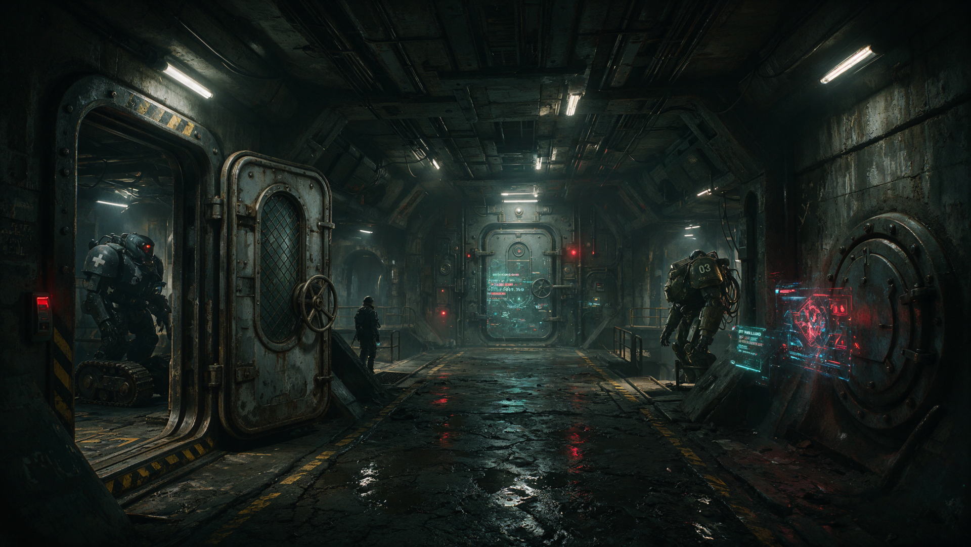 4K Ultra HD sci‑fi spaceship corridor: dim, wet metal passage with armored figures, glowing consoles and a distant engine core — PC desktop wallpaper background.