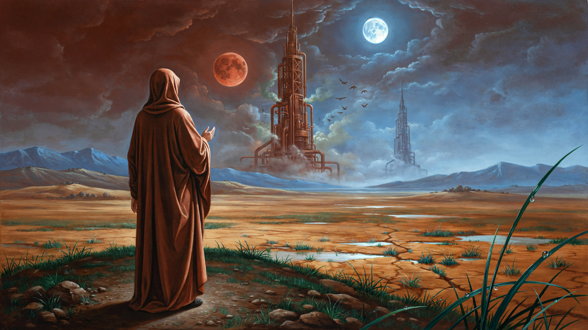 4K Ultra HD desktop wallpaper: Hooded figure surveys a terraformed alien landscape with twin moons and a looming tower on the horizon.