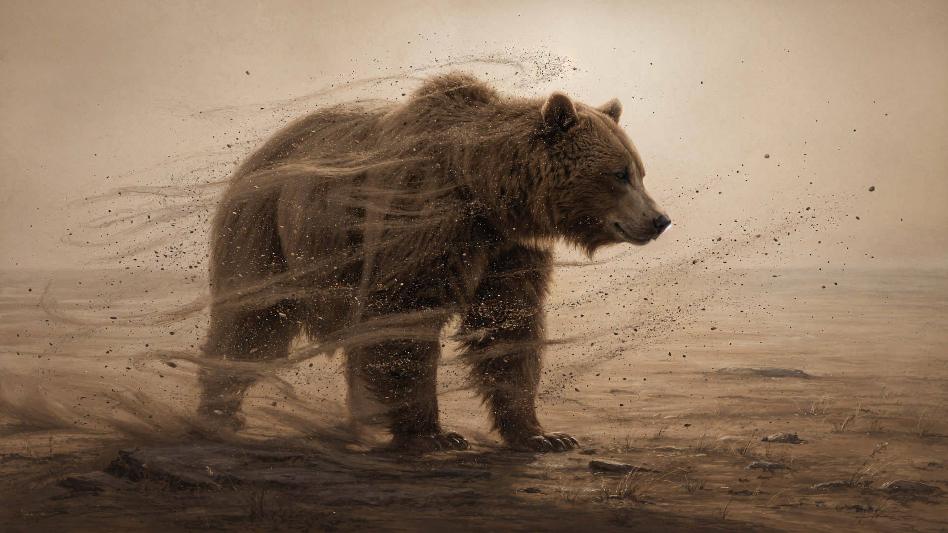 4K Ultra HD PC desktop wallpaper of a brown bear walking through swirling dust across a moody, textured background.