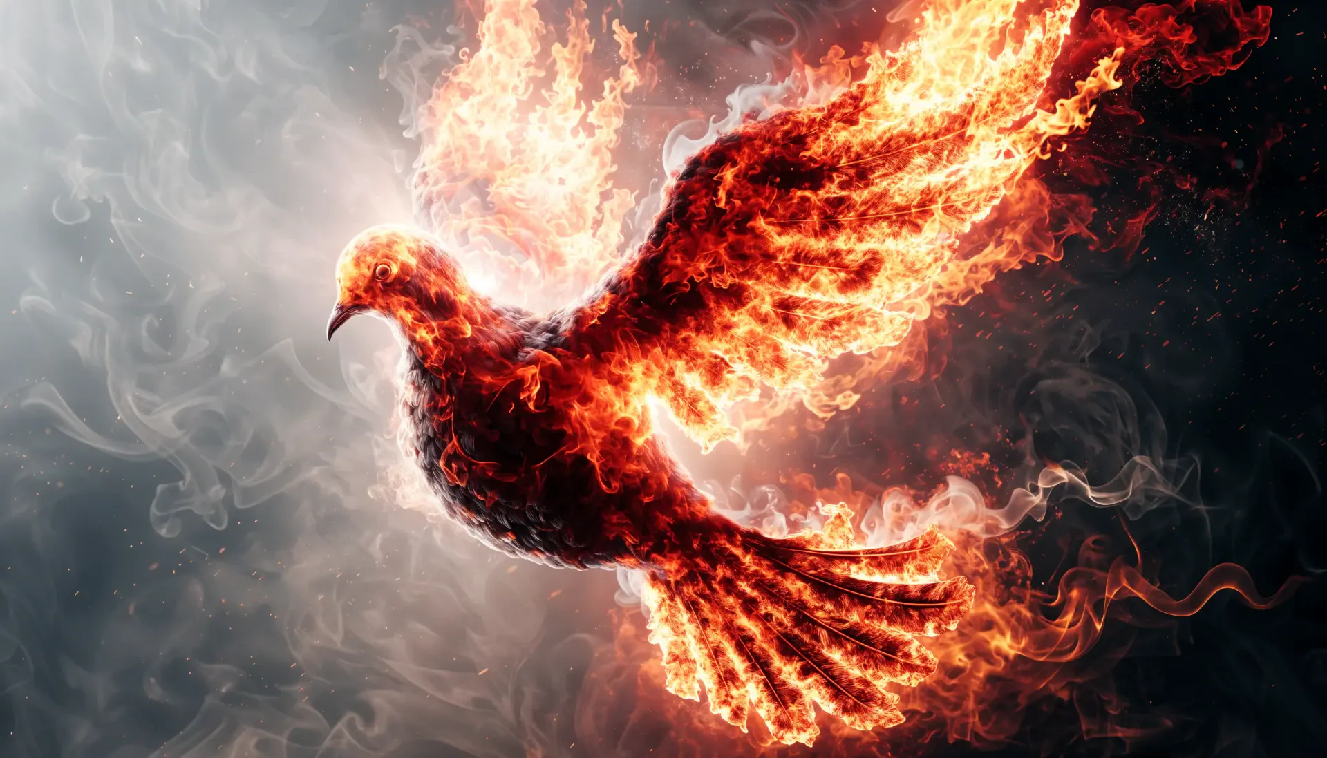 Fiery phoenix-dove bird ablaze in swirling flames and smoke, dramatic 4K Ultra HD PC desktop wallpaper background.