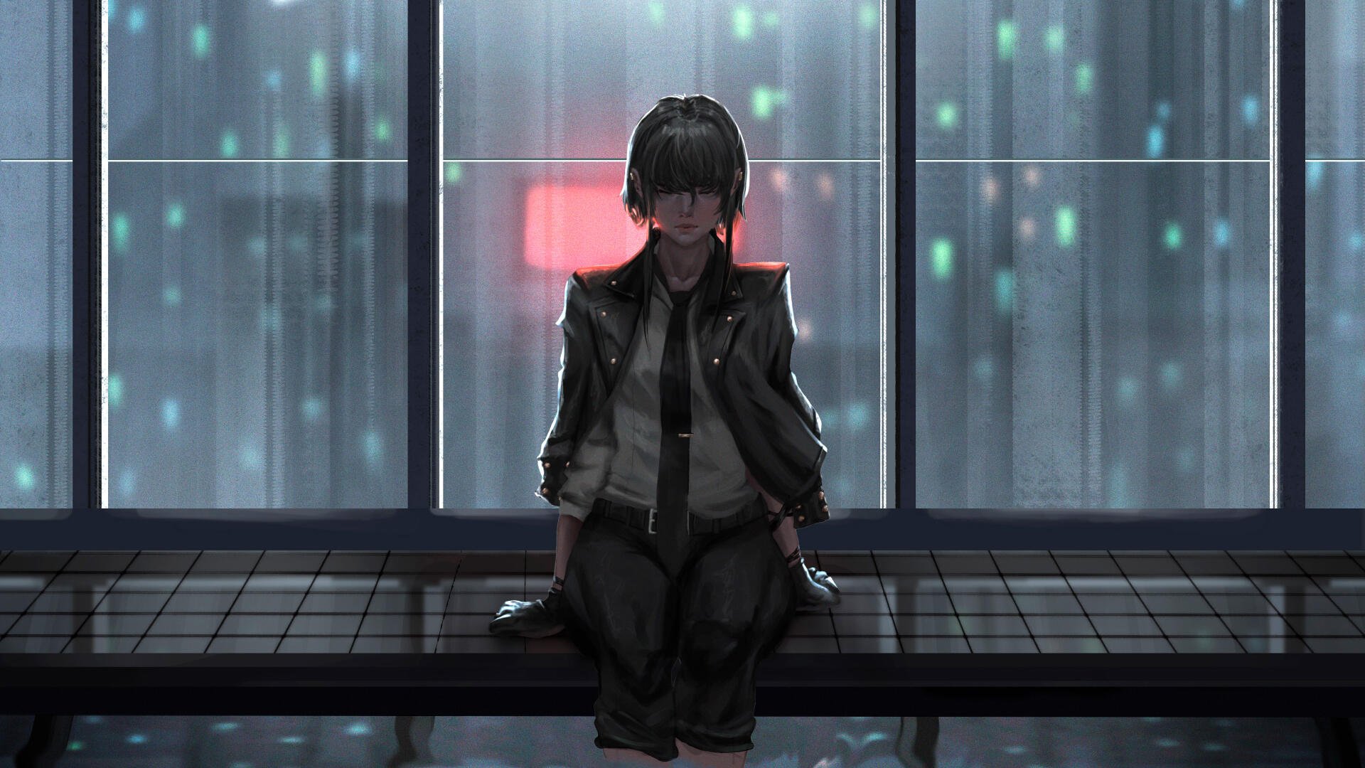 4K Ultra HD PC desktop wallpaper/background: anime girl seated at a window, rain streaking down against neon city lights.
