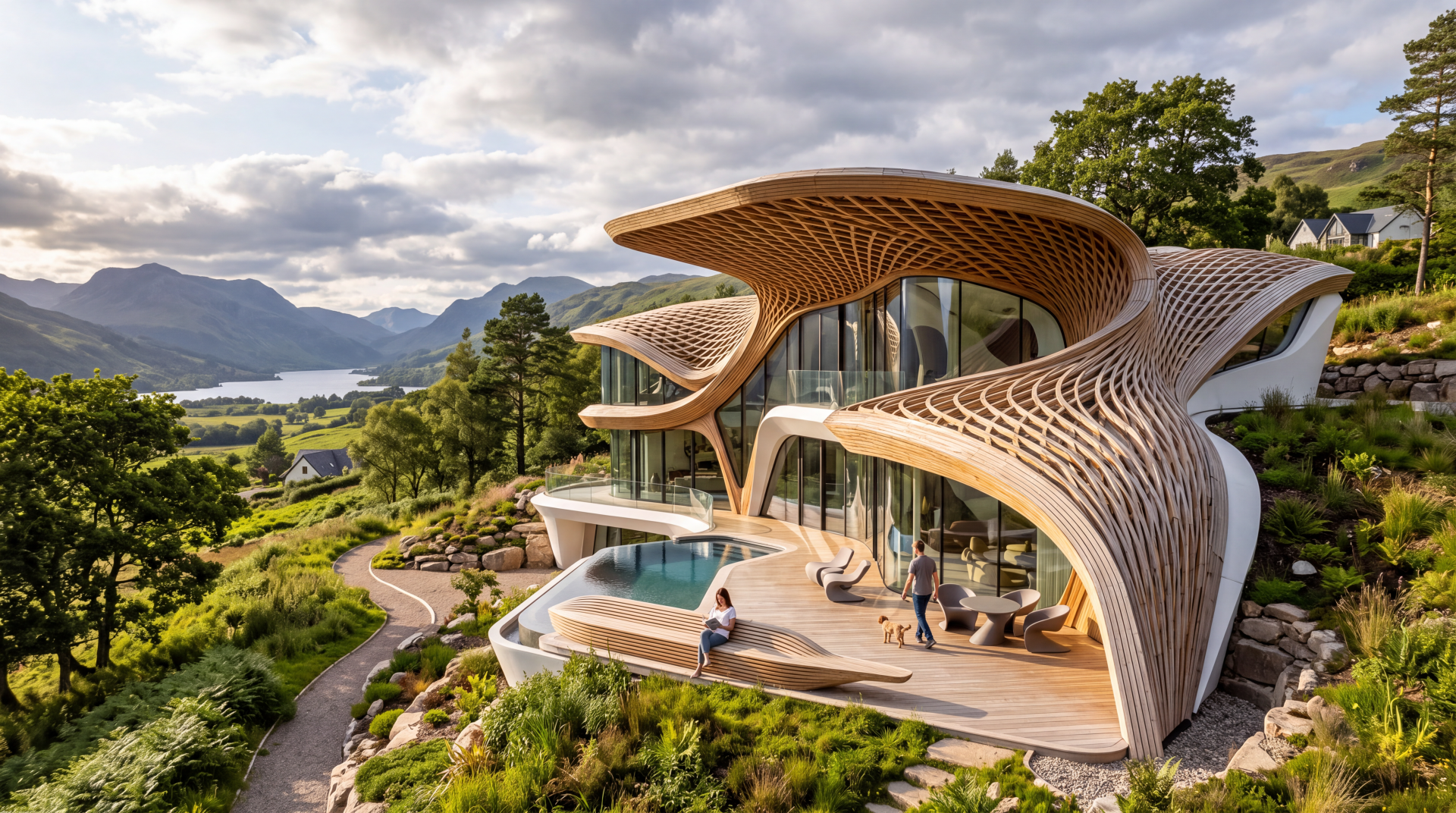 5K Ultra HD PC desktop wallpaper of a lakeside villa-style house, showcasing flowing wooden architecture, curved terraces, infinity pool and sweeping mountain views.