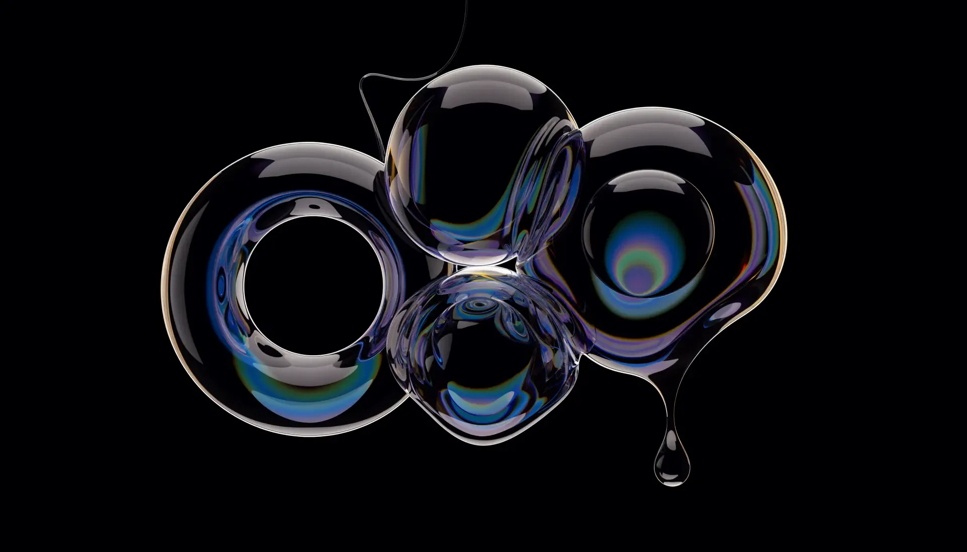 Abstract glass-morphism soap-bubble cluster with iridescent highlights and a suspended droplet on a black field — 4K Ultra HD PC desktop wallpaper/background.