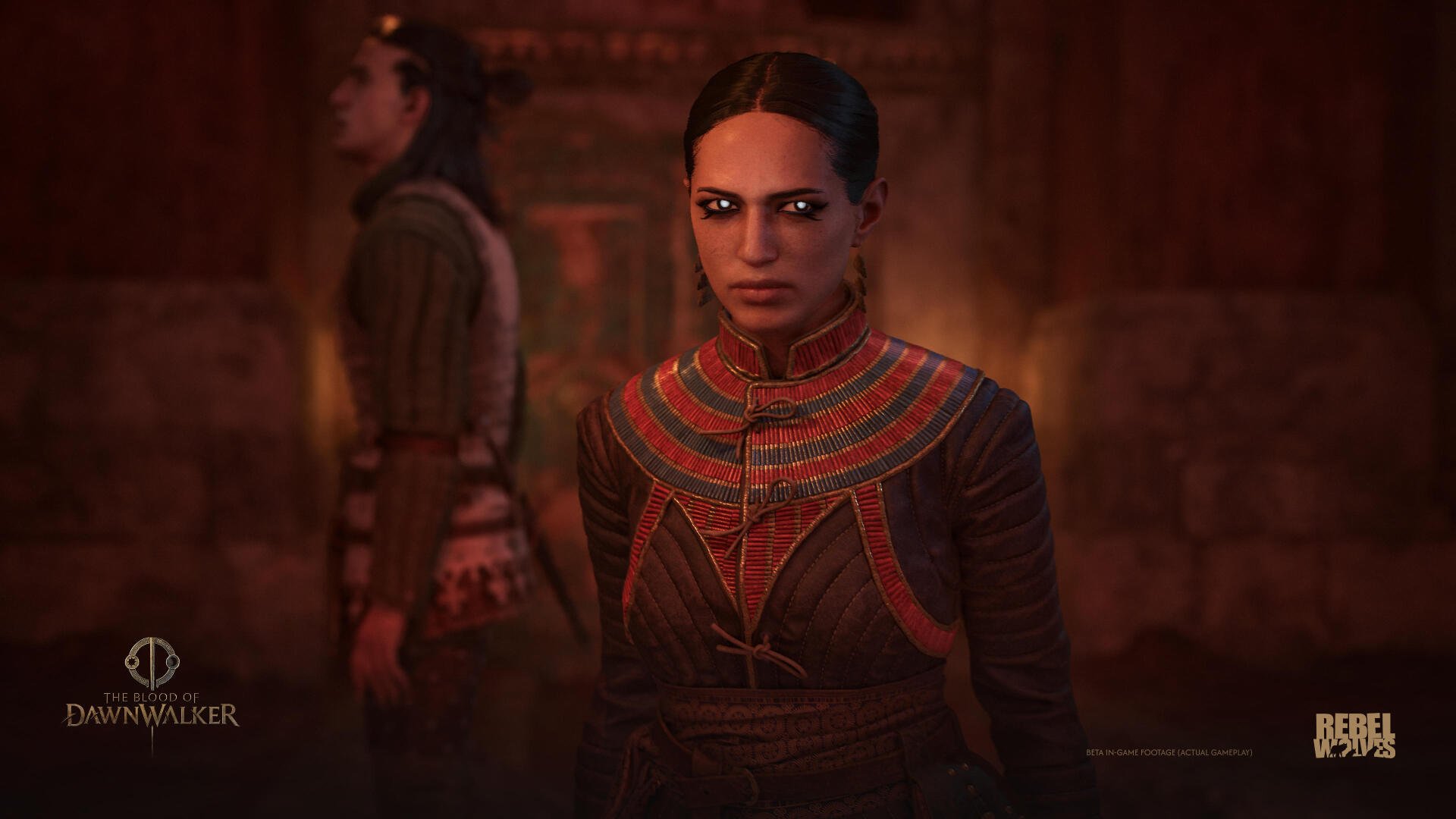 4K Ultra HD PC desktop wallpaper and background featuring a woman from the video game The Blood of Dawnwalker, in tribal armor with a stern gaze under red light.