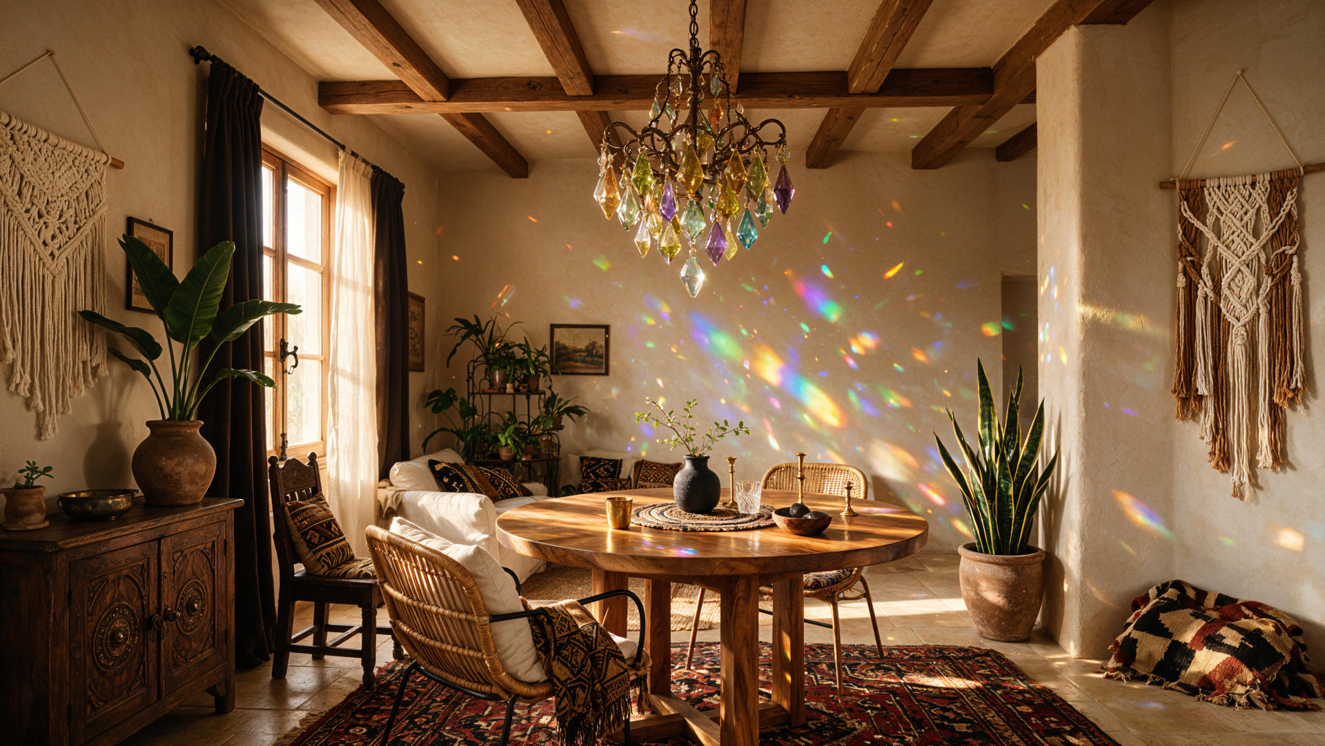 Boho dining room with exposed beams, crystal chandelier scattering rainbow light over a round wooden table, wicker chairs, plants and macramé wall hangings — 4K Ultra HD PC desktop wallpaper.