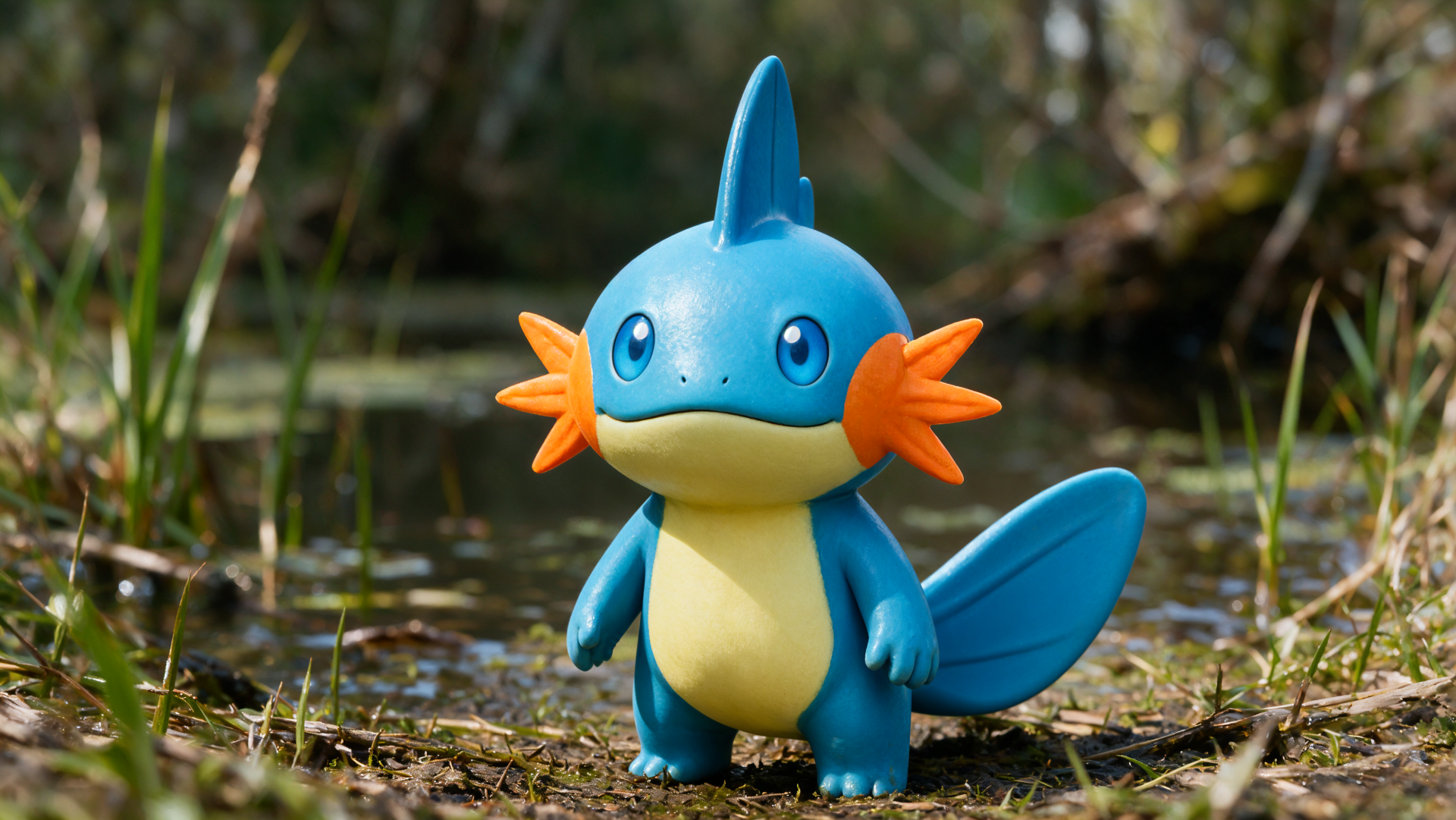 Mudkip (Pokémon) toy standing in shallow marsh water among grass, rendered as a 4K Ultra HD PC desktop wallpaper and background.