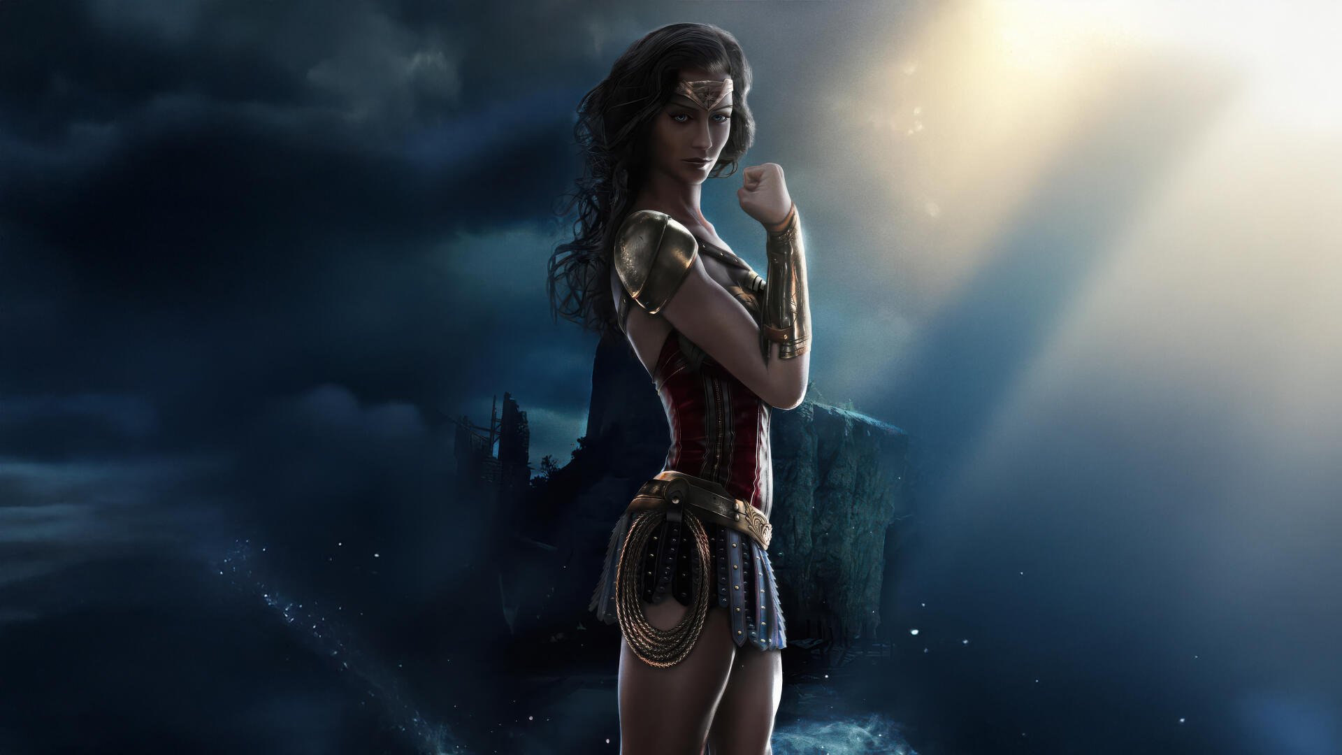 Digital art of Wonder Woman superhero standing in a dramatic moonlit landscape, rendered as a 5K Ultra HD PC desktop wallpaper background.