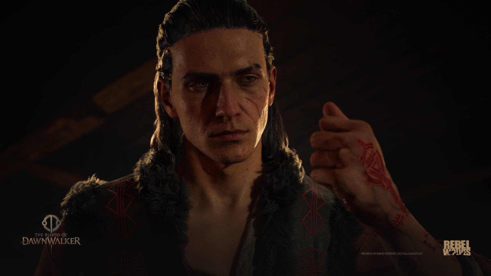 Portrait of a stern man from the video game The Blood of Dawnwalker, blood-marked hand raised, dramatic low-key lighting, 4K Ultra HD PC desktop wallpaper/background.