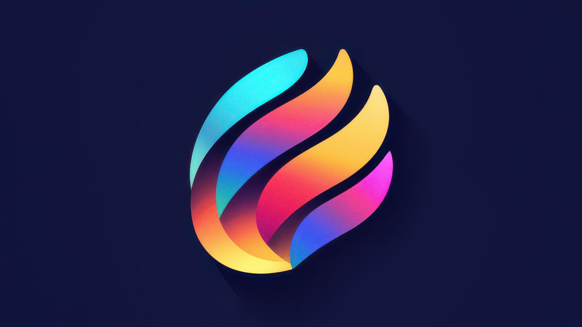 Abstract flame-shaped gradient emblem in cyan, blue, purple, pink and orange on a deep navy field — 4K Ultra HD PC desktop wallpaper and background.