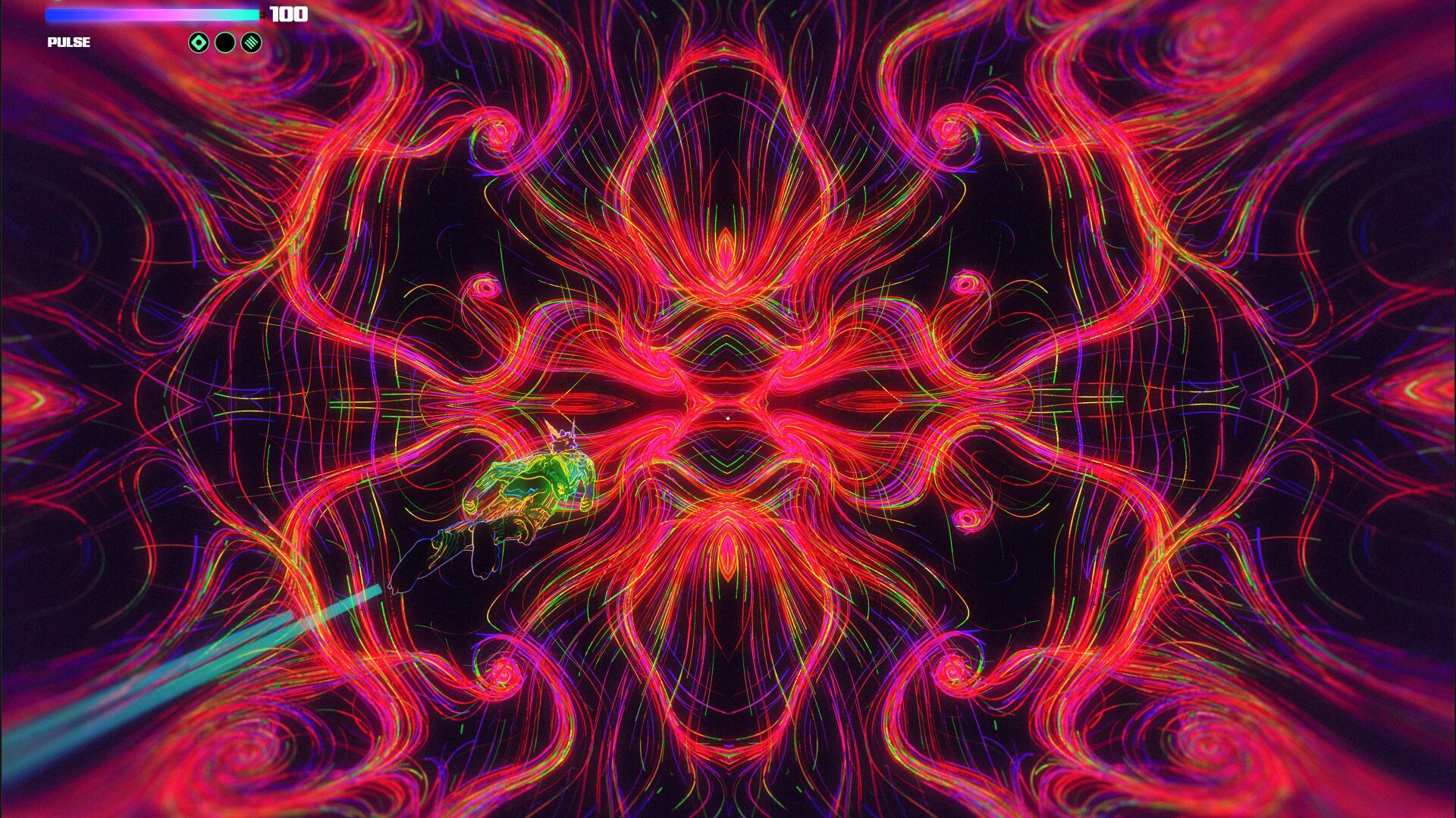 ETRE video game abstract fractal pattern: neon pink and red symmetrical swirls with a small green creature emitting a light streak, 4K Ultra HD PC desktop wallpaper/background.