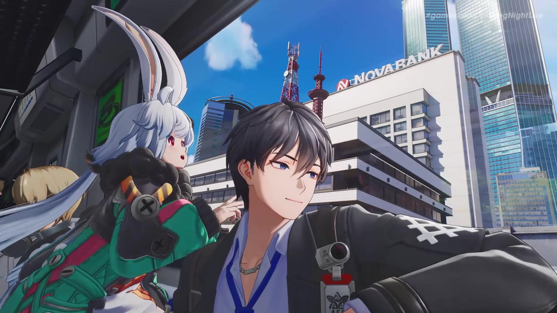 Video game 2K Quad HD PC desktop wallpaper: anime Captain (Ananta) looking over a futuristic city with a white‑haired companion and skyscrapers.