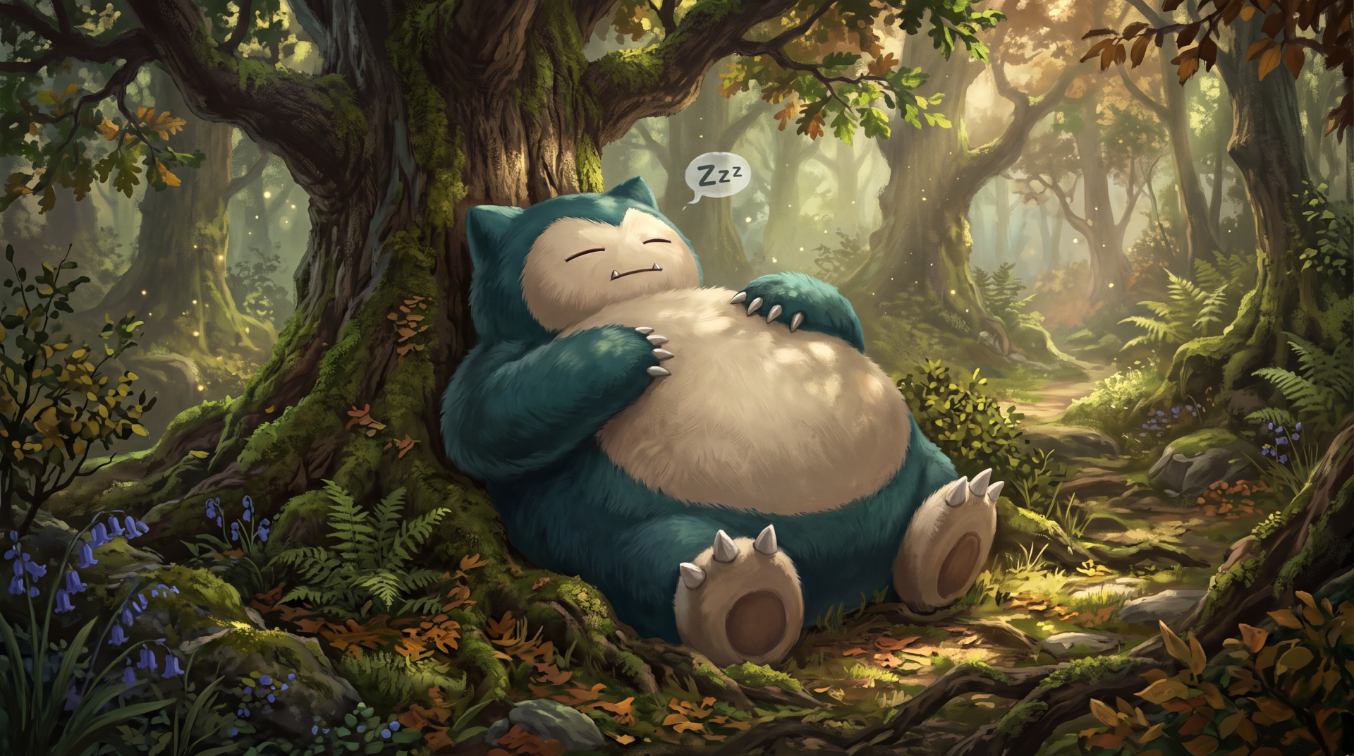 Snorlax (Pokémon) sleeping against a tree in a sunlit, detailed forest — 5K Ultra HD PC desktop wallpaper and background.