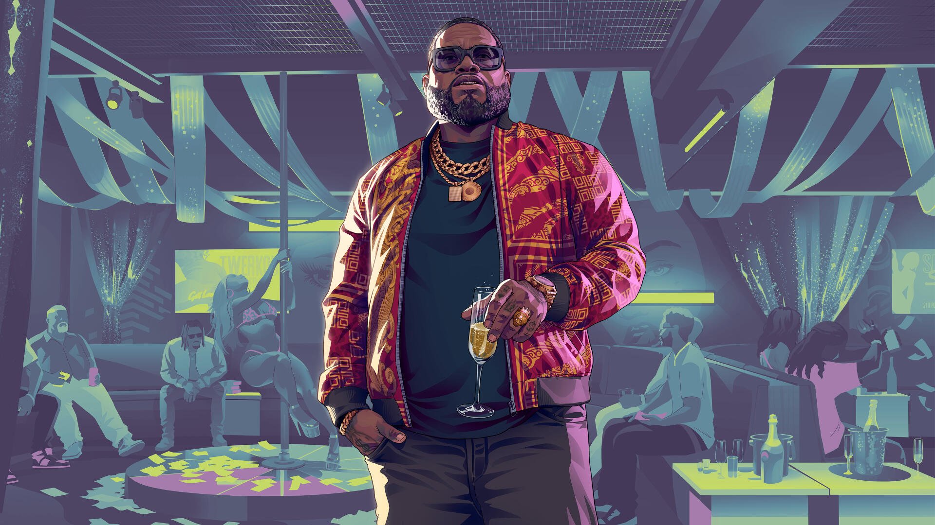 Grand Theft Auto VI video game 4K Ultra HD PC desktop wallpaper: stylized Grand Theft Auto scene of a confident man in a neon-lit nightclub holding a cocktail.