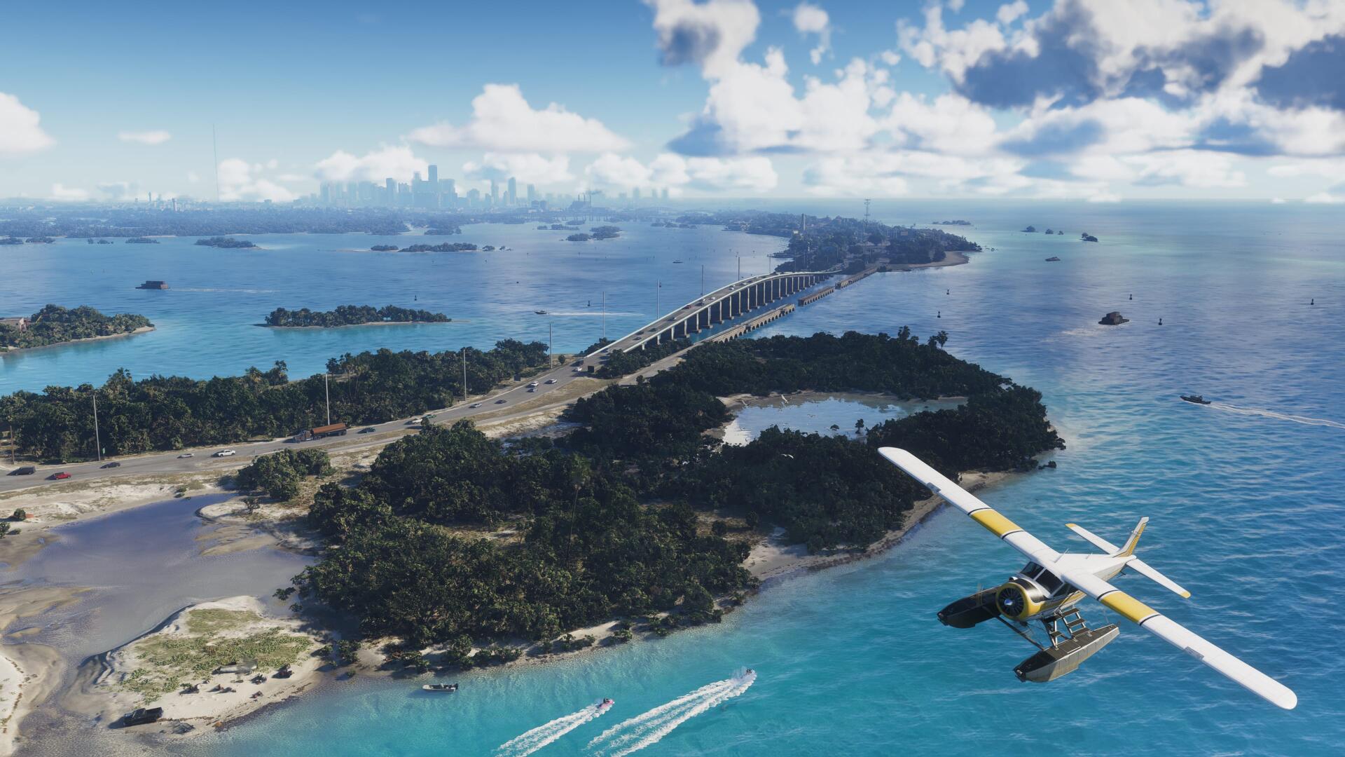 4K Ultra HD PC wallpaper: Grand Theft Auto VI video game scene of a seaplane flying over a tropical island with a long bridge and boats, vivid blue ocean and scattered islets.