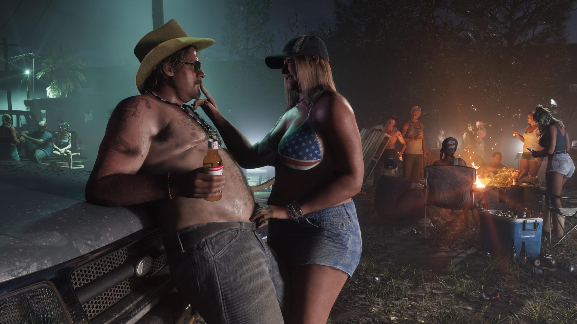Grand Theft Auto VI video game 4K Ultra HD PC wallpaper/background: a couple—a shirtless man in a cowboy hat and a woman in a tank top—flirt at a rowdy outdoor party by a bonfire.