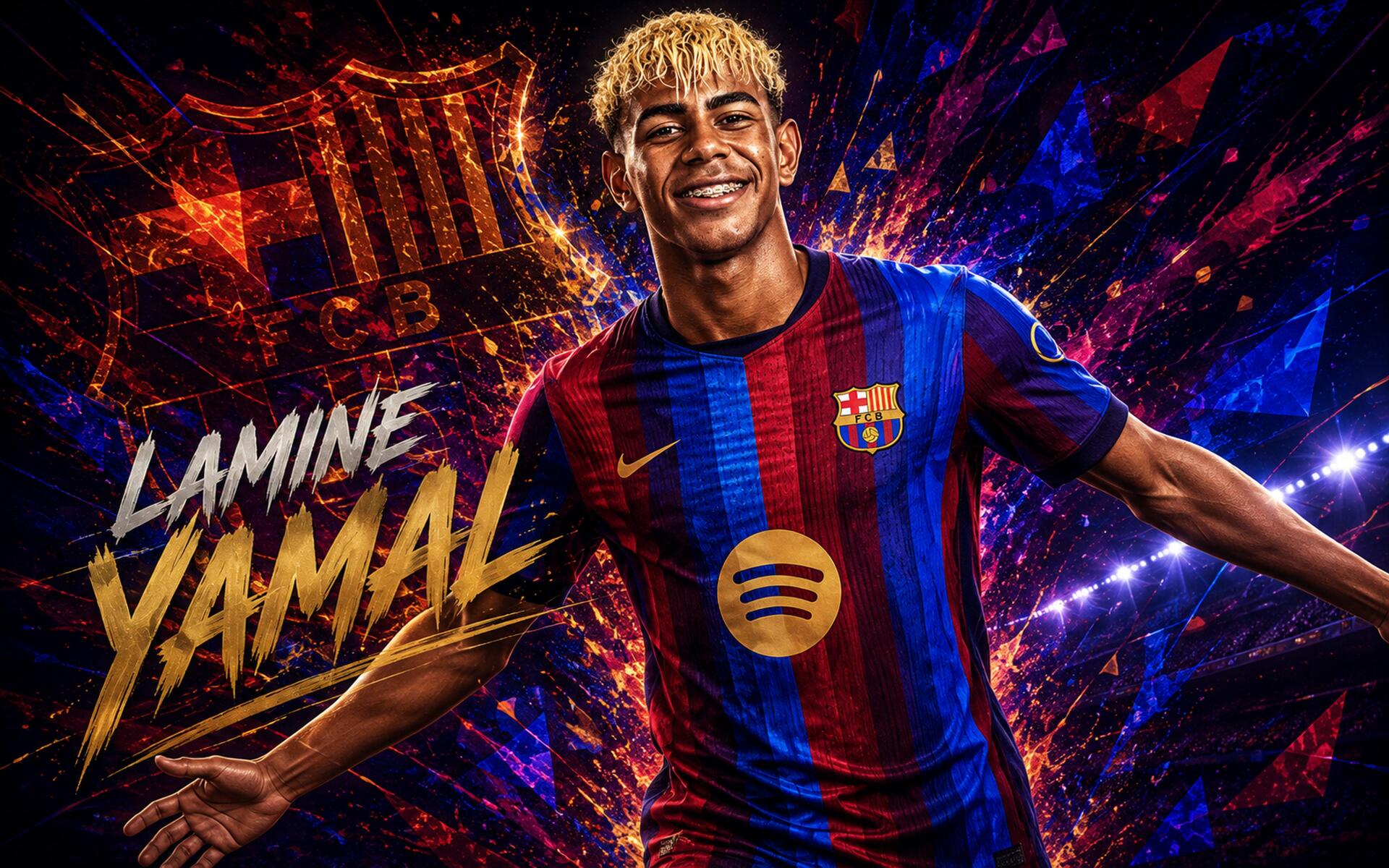 4K Ultra HD desktop wallpaper showing a smiling young FC Barcelona footballer in club kit celebrating amid dynamic red-and-blue energy graphics.