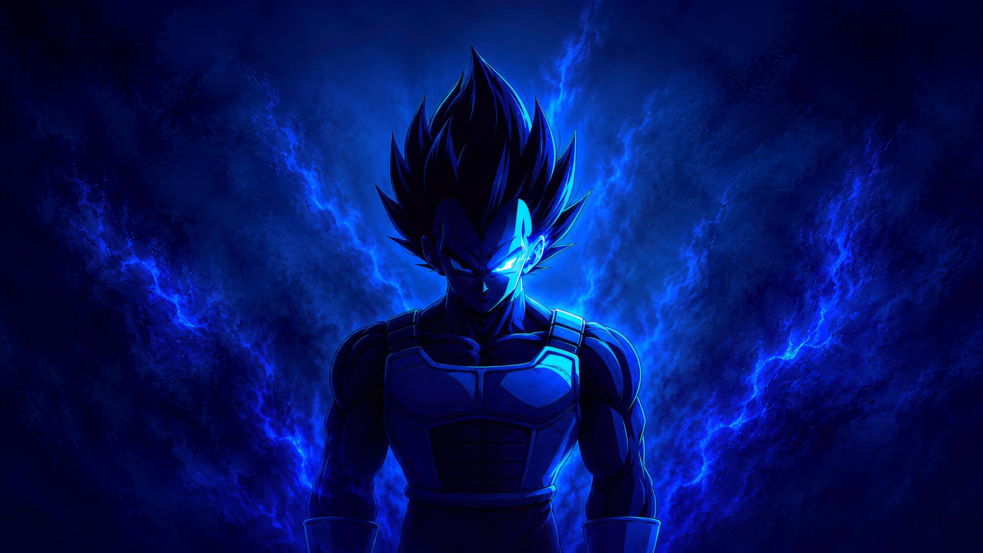 Goku silhouette amid crackling blue lightning, glowing eyes and energy — anime 5K Ultra HD PC desktop wallpaper background