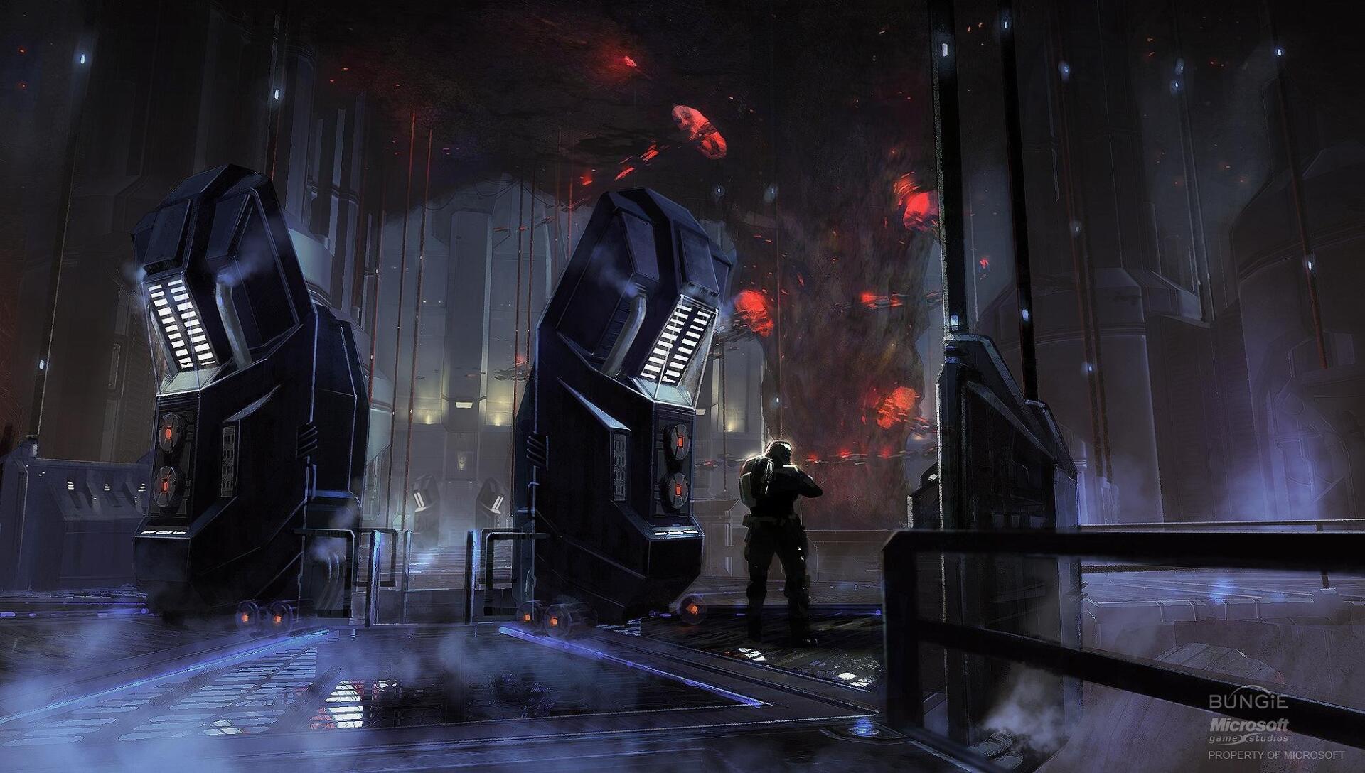 Halo 3: ODST video game HD PC desktop wallpaper and background — lone ODST trooper in a rain-soaked, neon-lit urban ruin beneath towering alien structures and a red-lit sky.