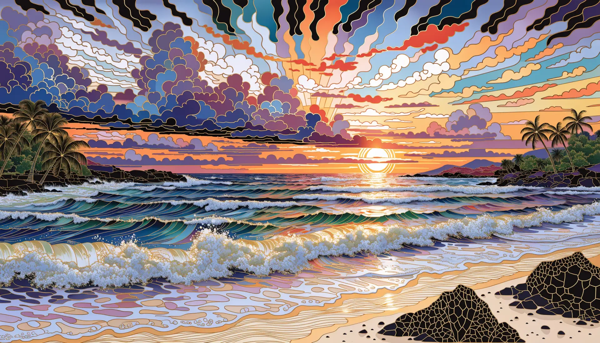Artistic tropical sunset over a vibrant beach and ocean with stylized waves, clouds, palm trees and rocky shore — 2K Quad HD PC desktop wallpaper and background.