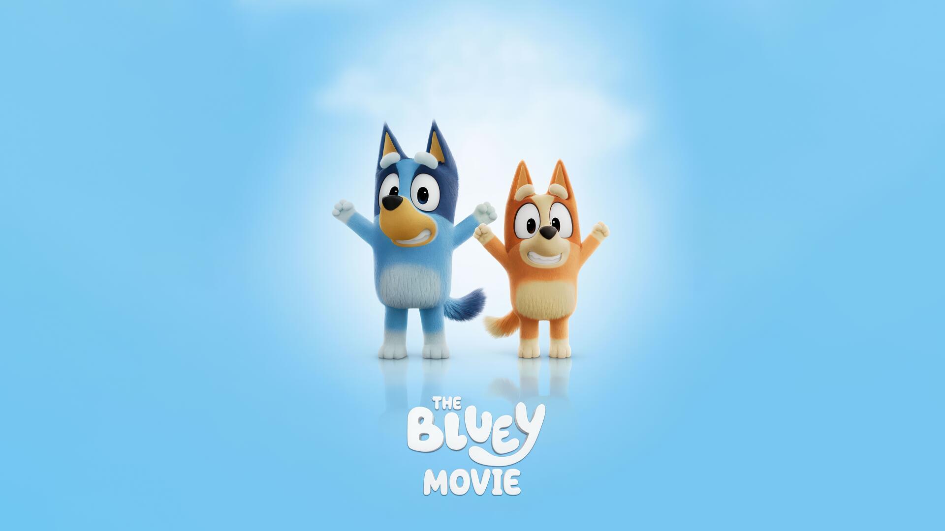 Bluey: The Movie 4K Ultra HD PC desktop wallpaper showing Bluey and Bingo waving on a soft blue background with the movie logo.