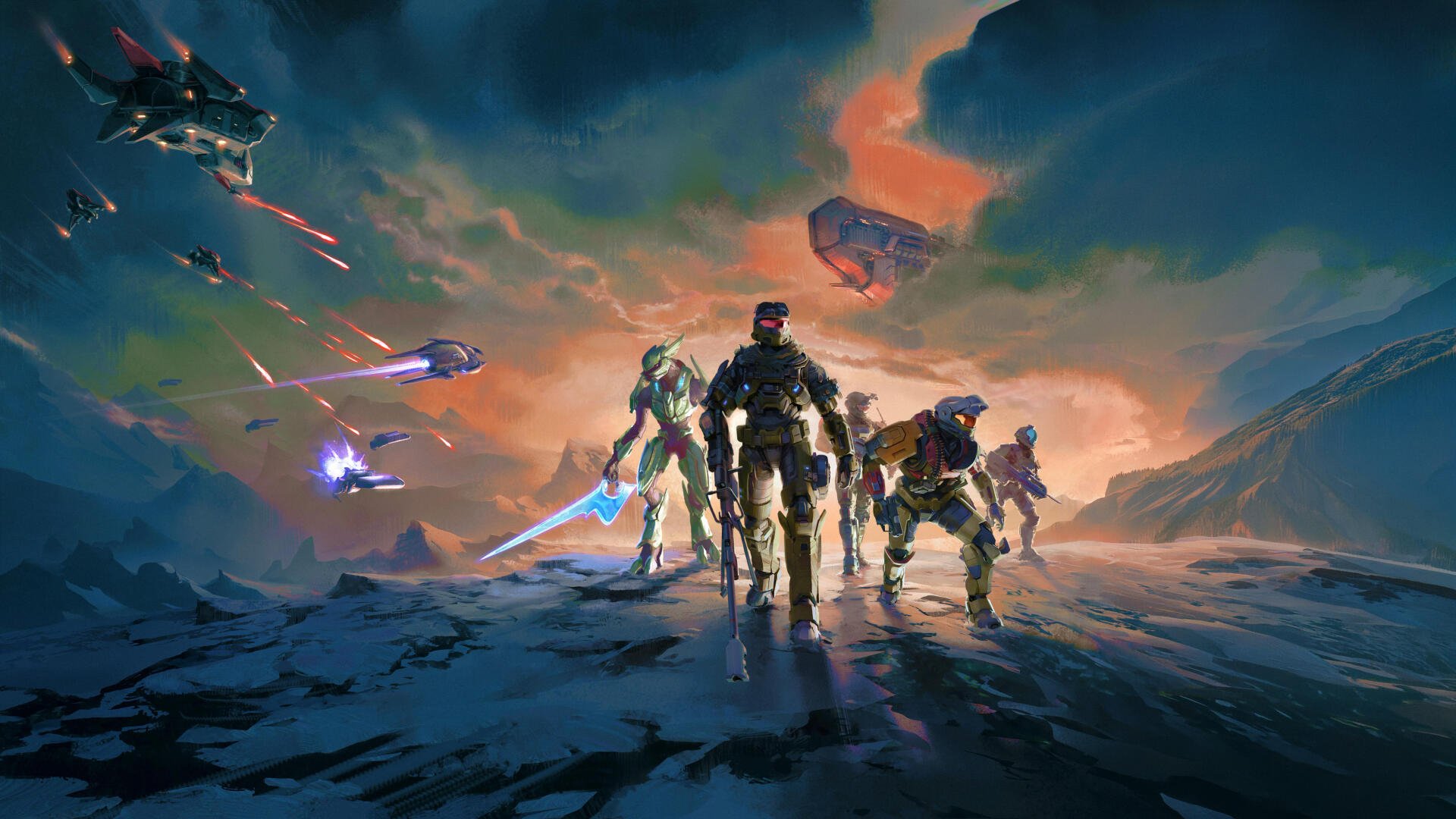 Halo 5K Ultra HD PC desktop wallpaper/background: armored Spartans and alien allies stride across a shattered landscape under a fiery sky, ships and energy weapons streaking overhead.