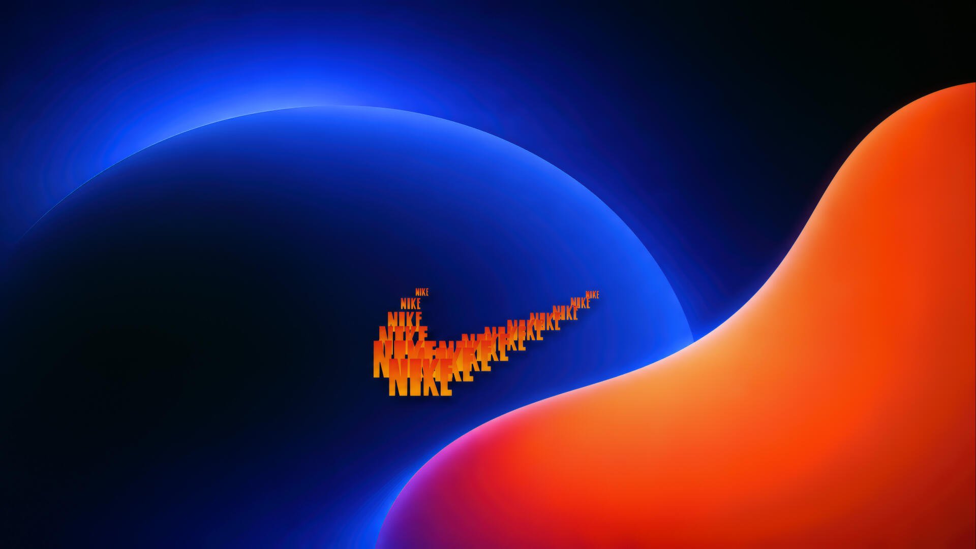 Abstract 4K digital art PC wallpaper: glowing blue orb and flowing orange form with a stylized Nike swoosh built from stacked orange blocks on a dark background.