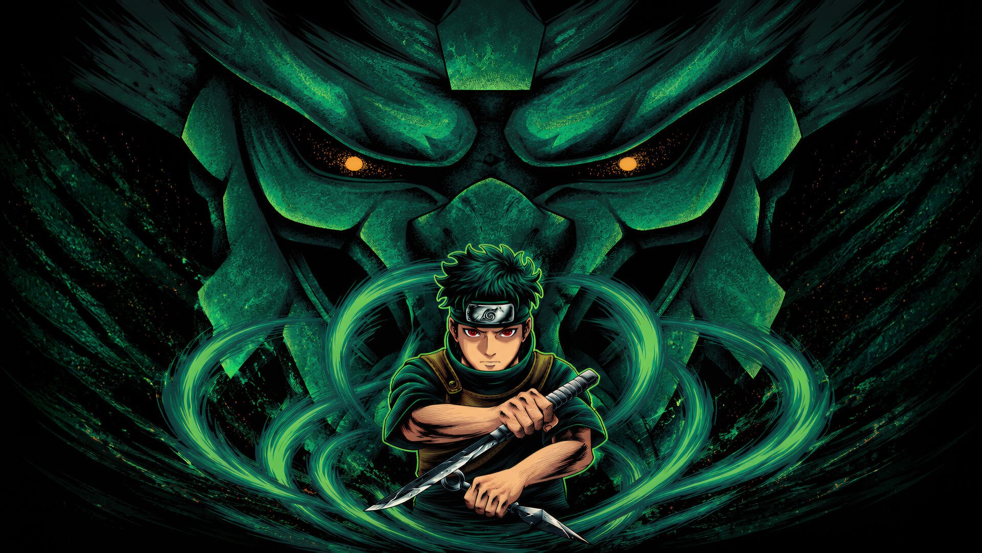 Shisui Uchiha (Naruto) anime 4K Ultra HD PC wallpaper: crouched with blade, green chakra swirling around him as an ominous demonic mask looms behind, orange eyes glowing.