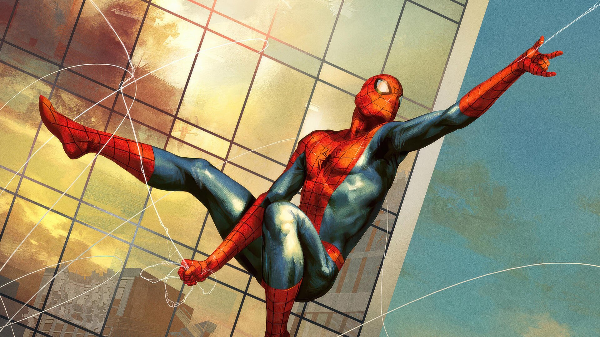 Spider-Man superhero in dynamic pose, clinging to a glass skyscraper against a sunlit city sky — 4K Ultra HD PC desktop wallpaper background.