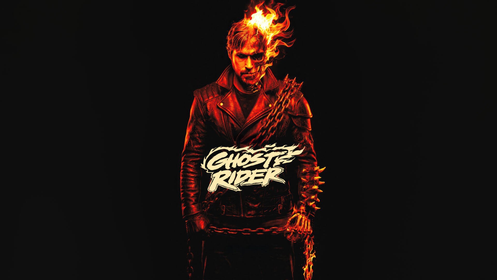 Ghost Rider — flaming-headed, leather-clad figure on a black background; 5K Ultra HD PC desktop wallpaper and background.