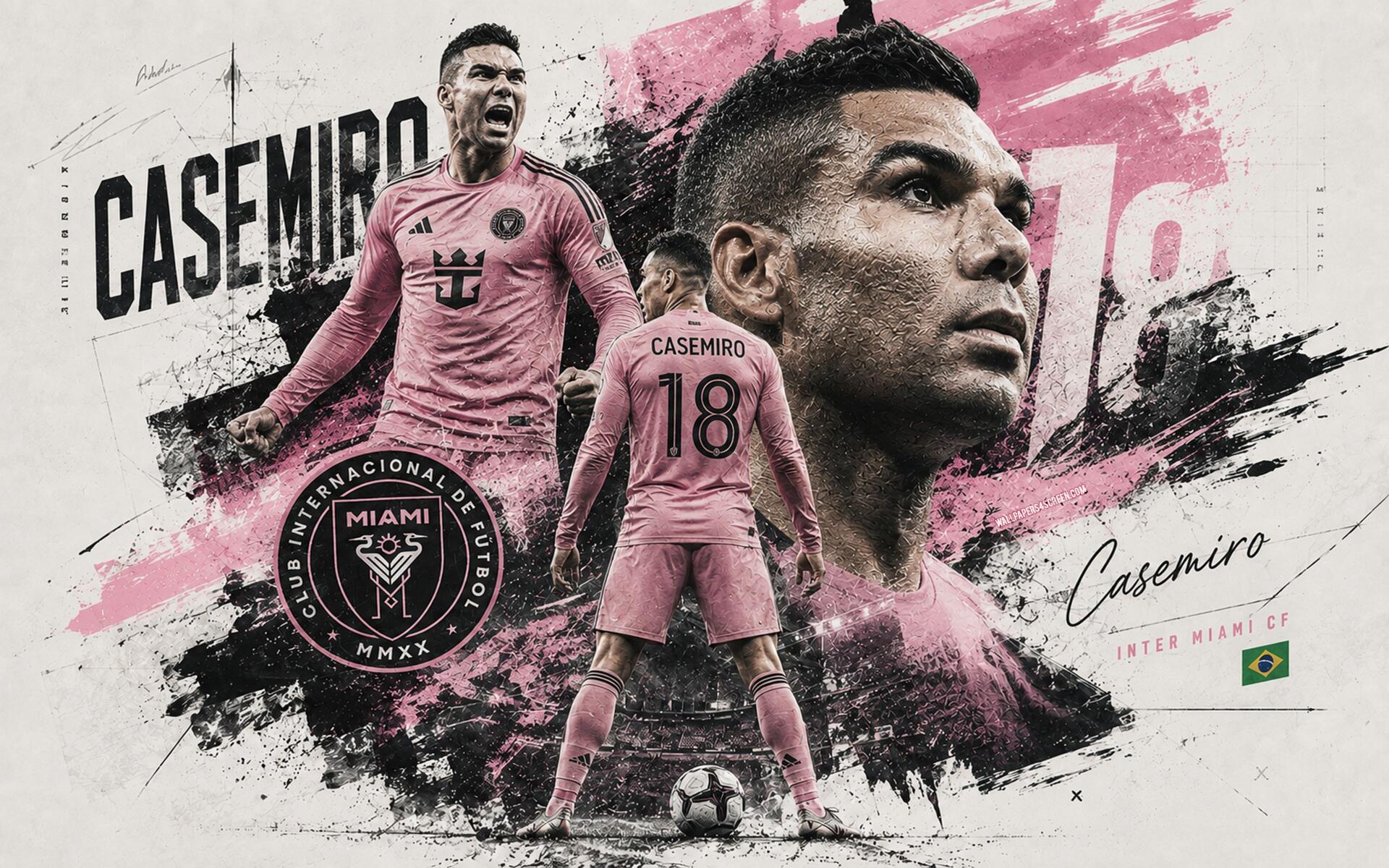 4K Inter Miami CF MLS soccer desktop wallpaper: pink, gritty montage of a No.18 midfielder in club kit, large portrait, club crest and dynamic brush-stroke background.