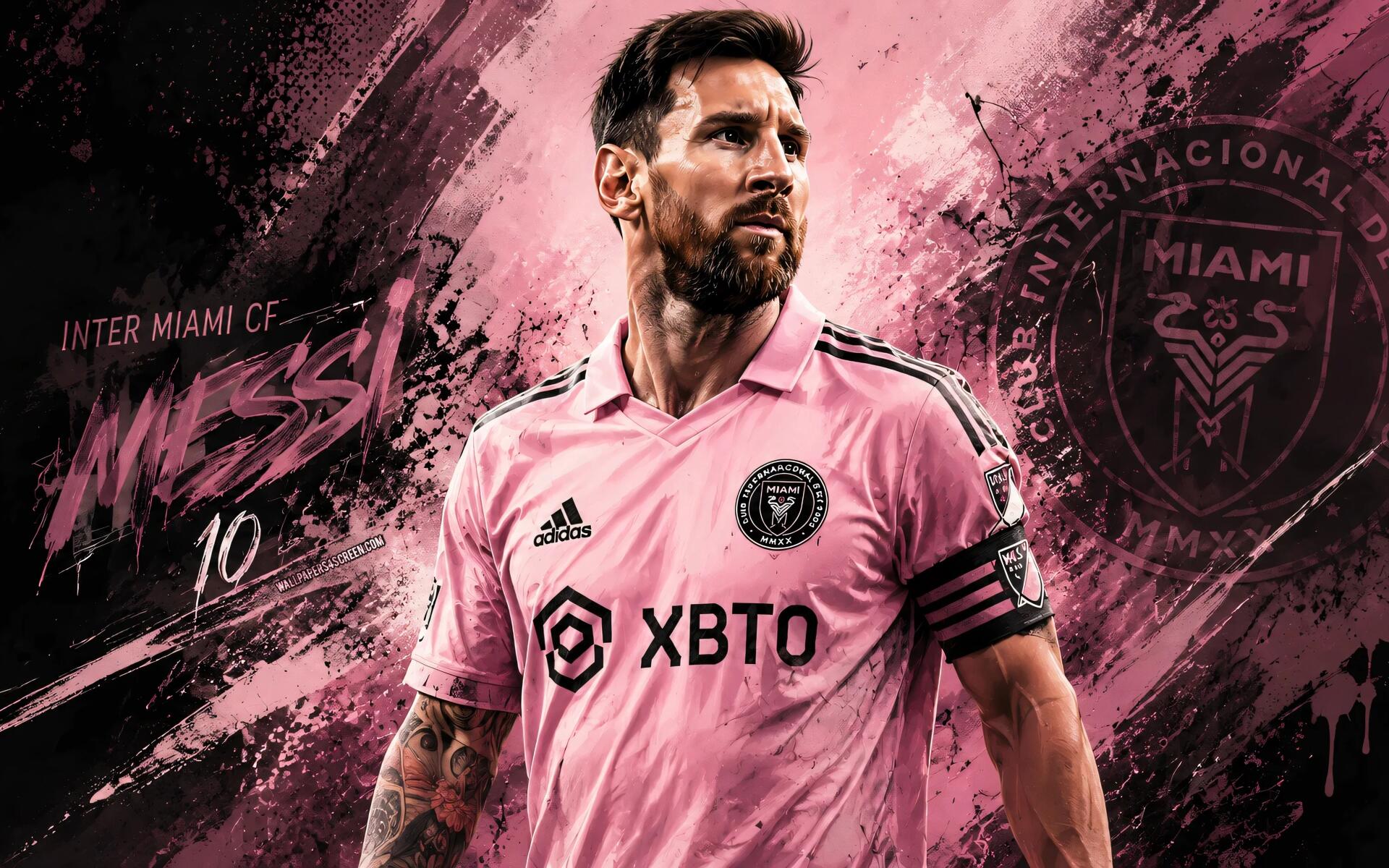 4K Ultra HD desktop wallpaper of an Inter Miami CF MLS soccer star in a pink #10 kit with armband, posed against a dramatic pink-and-black textured background featuring the club crest.