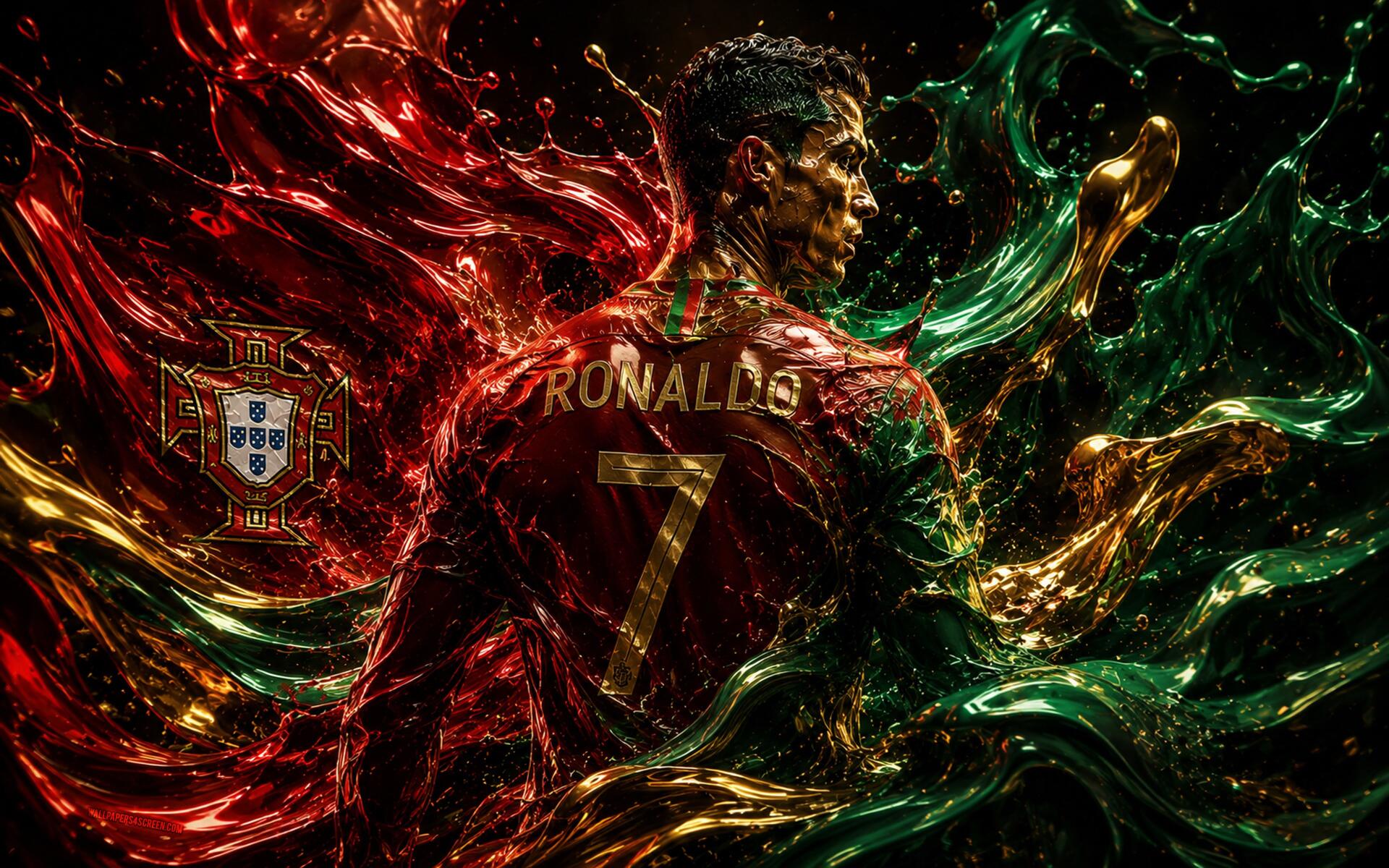 4K Ultra HD soccer desktop wallpaper: back view of a number 7 player in Portugal kit surrounded by swirling red and green liquid effects.
