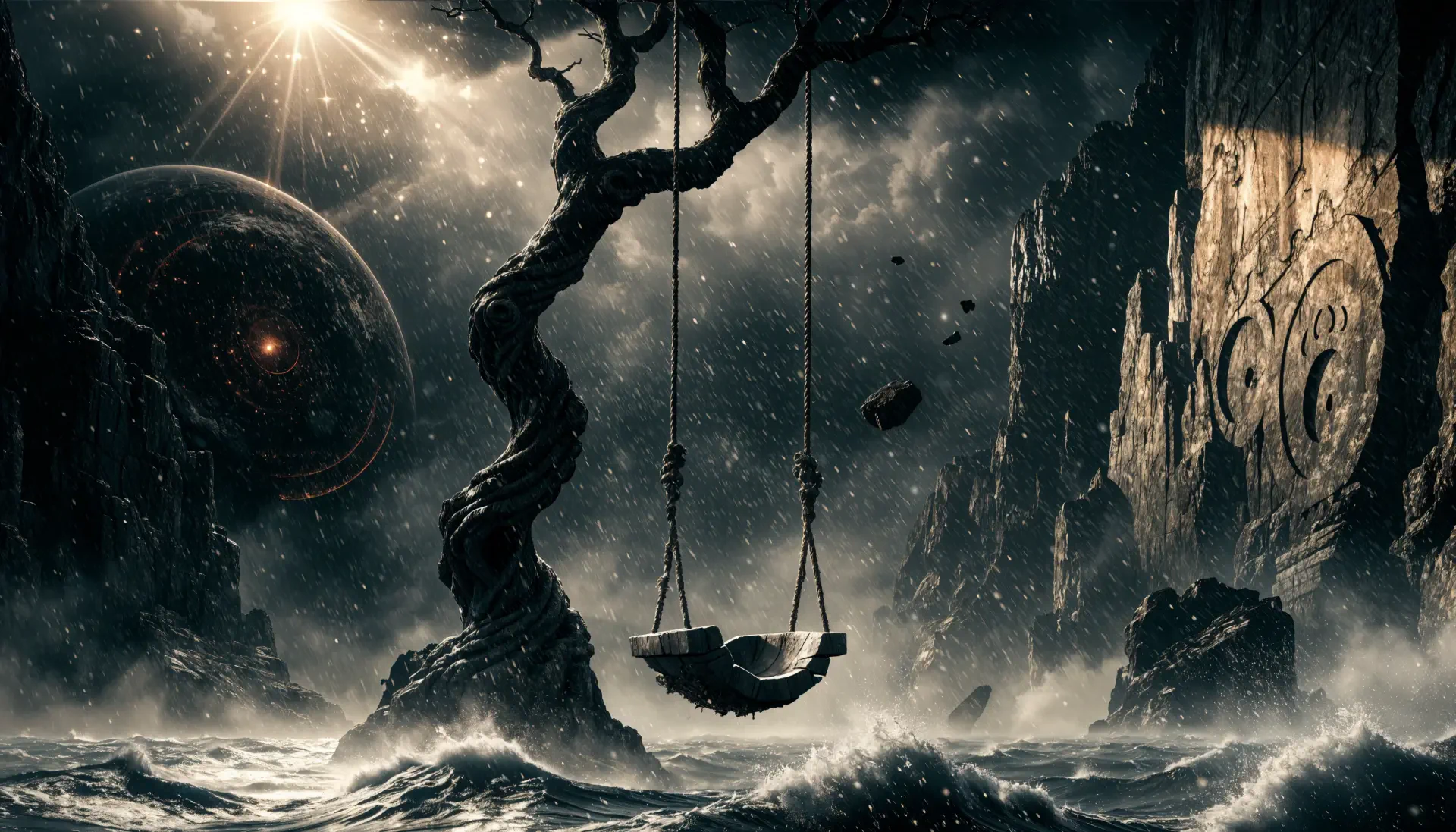 4K Ultra HD PC desktop wallpaper: a gnarled tree with a hanging swing over a storm-tossed ocean, dramatic waves and rocky cliffs beneath a stormy, otherworldly sky.