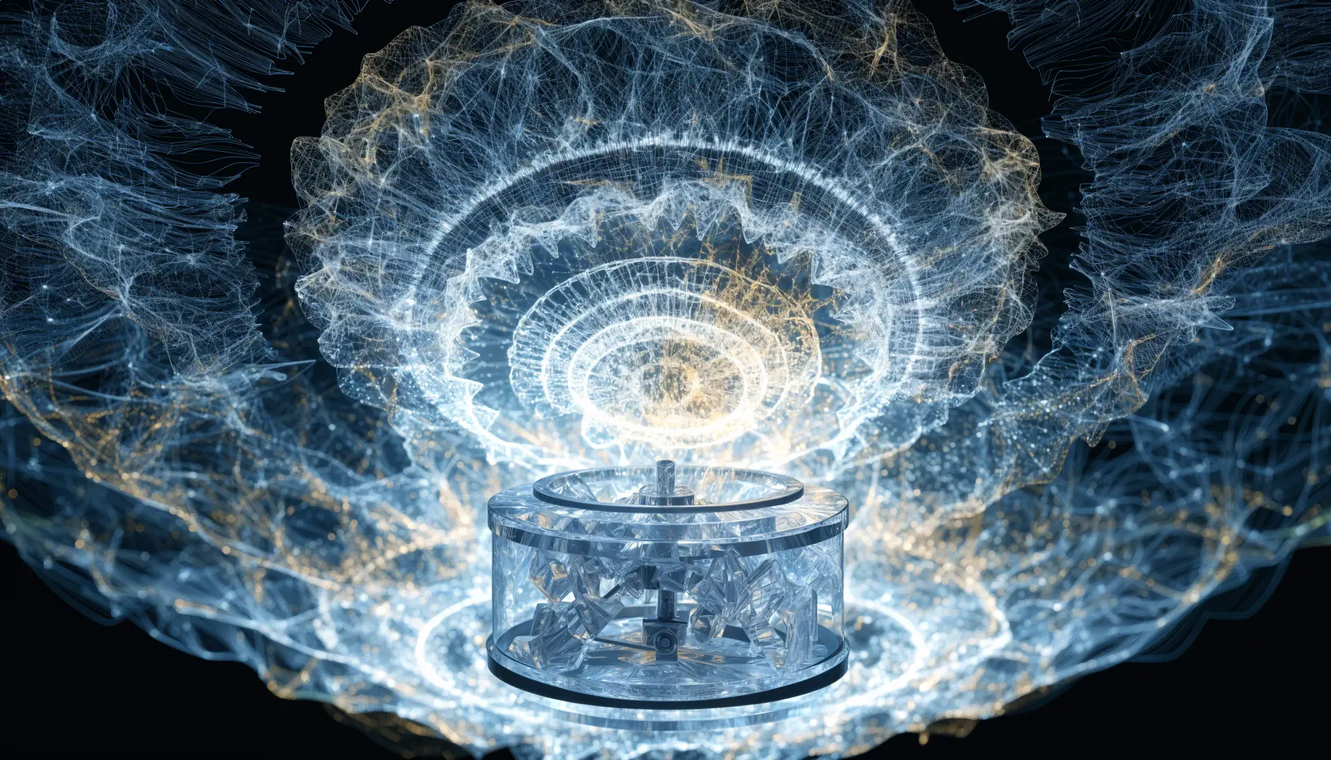 Abstract futuristic music box emitting swirling energy currents and luminous filaments, high-detail technological forms — 4K Ultra HD PC desktop wallpaper background.