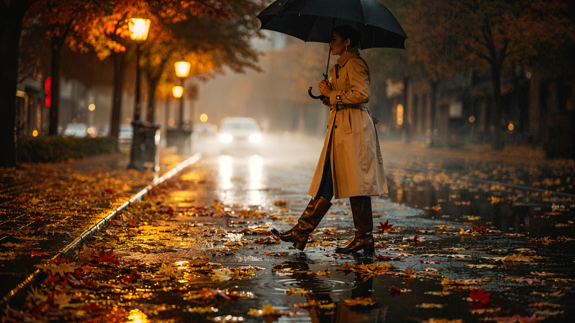 4K Ultra HD PC desktop wallpaper: woman in a trench coat with an umbrella crossing a rain‑slick fall street strewn with wet leaves and glowing lampposts.