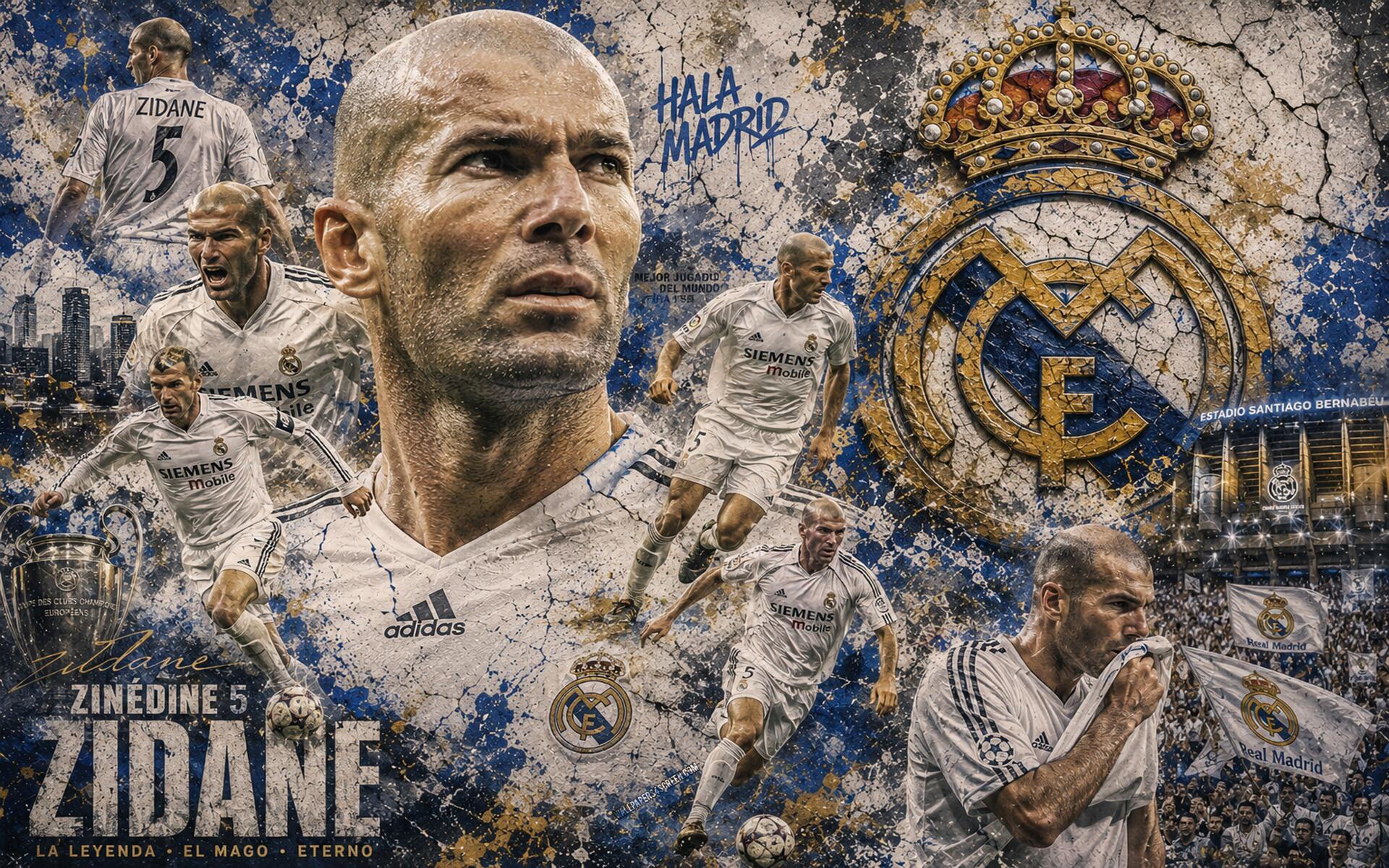 4K Ultra HD PC desktop wallpaper: grunge collage showing a Real Madrid C.F. soccer midfielder in multiple action poses, club crest and stadium backdrop.