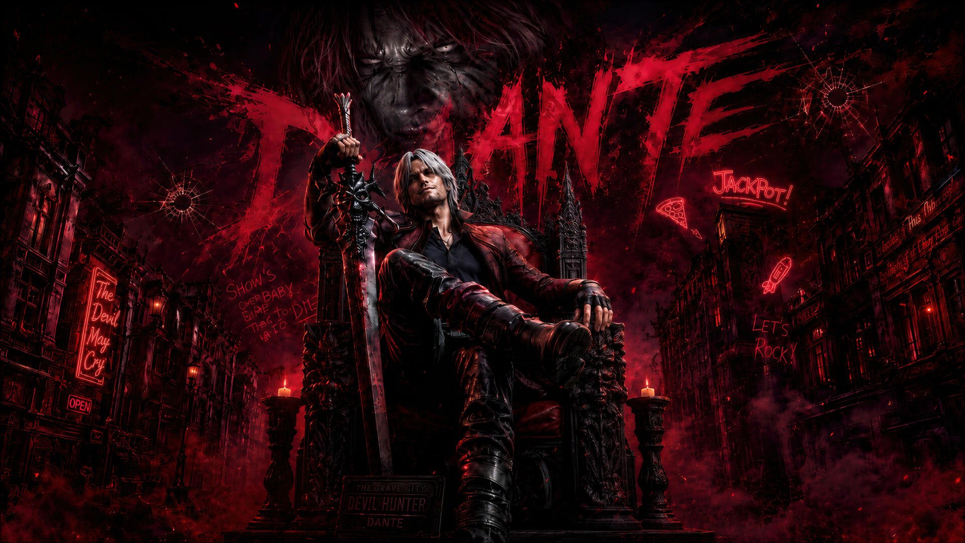 Devil May Cry 5 — Dante perched on a throne with sword raised, surrounded by a crimson, demonic cityscape. 4K Ultra HD PC desktop wallpaper background.