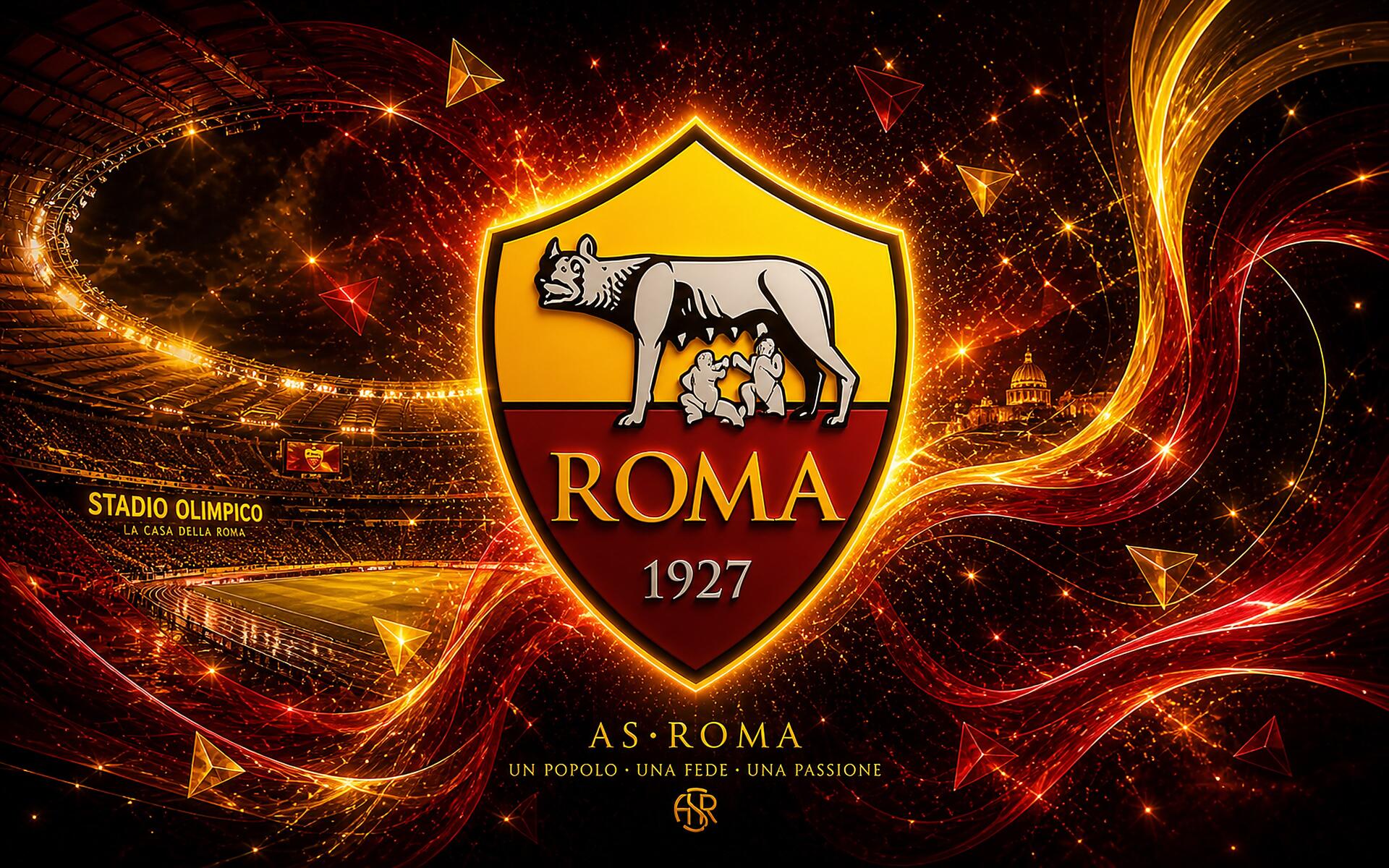 A.S. Roma crest glowing amid fiery red and gold swirls, soccer-themed 4K Ultra HD PC desktop wallpaper evoking stadium energy and passion for sports.