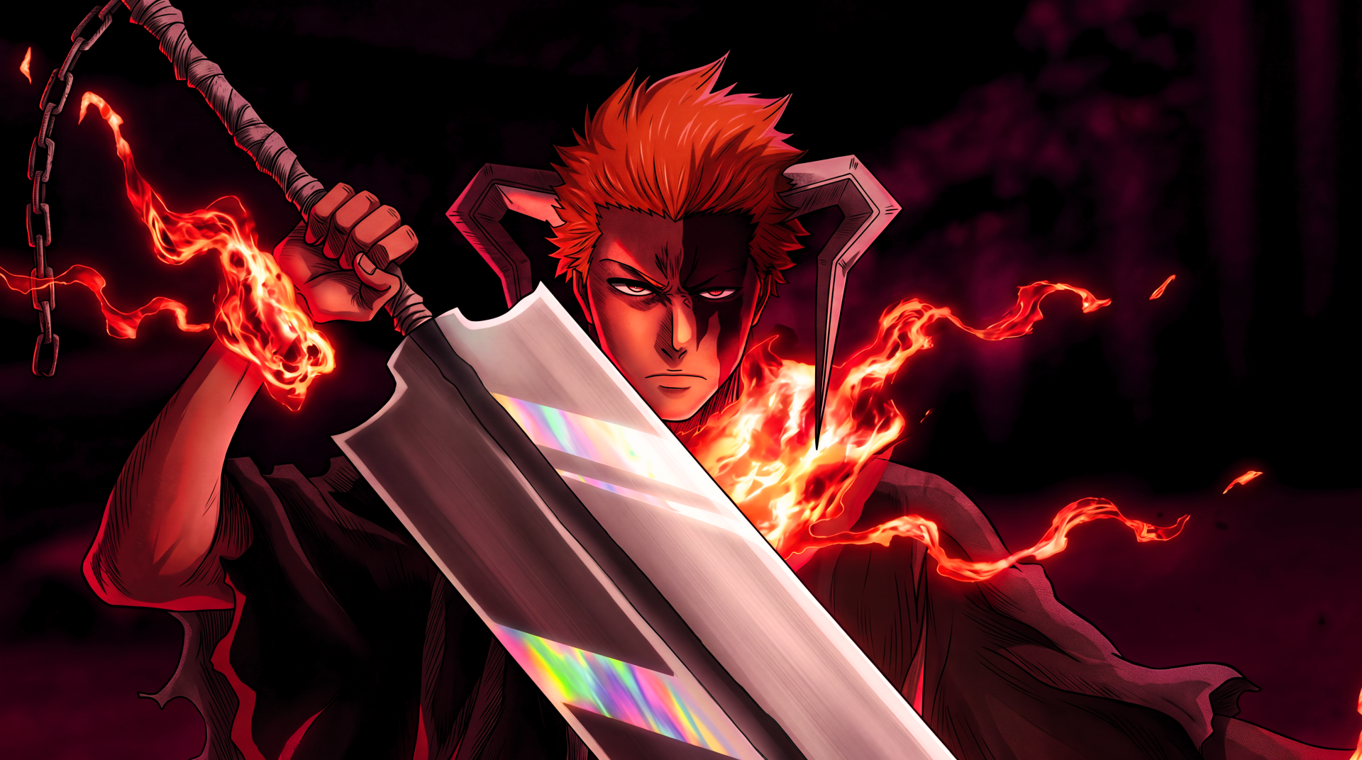 Ichigo Kurosaki from Bleach: Thousand-Year Blood War with bankai active — red-haired Ichigo wielding a massive blade surrounded by fiery aura, 5K Ultra HD PC desktop wallpaper.