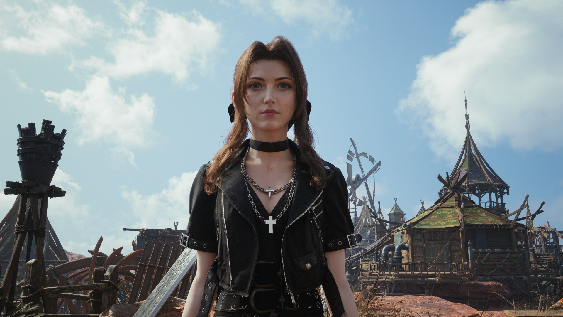 Final Fantasy VII Rebirth 4K Ultra HD PC desktop wallpaper showing Aerith standing center in a sunlit village, blue sky overhead and fantasy-style buildings lining the background.