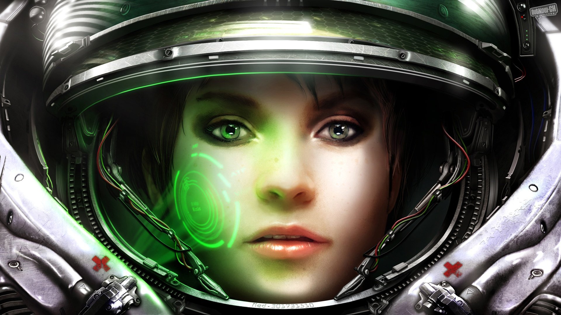 HD PC desktop wallpaper featuring a close-up of a Starcraft video game character in a futuristic helmet with green holographic display elements.