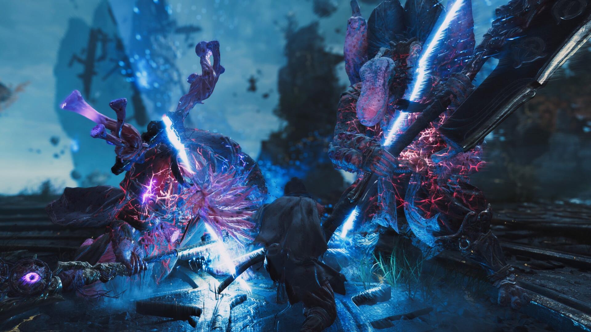 4K Ultra HD PC desktop wallpaper: Onimusha: Way of the Sword — Ifuu vs Burai amid shattered crystal, crackling blue-purple lightning over ruined temple.