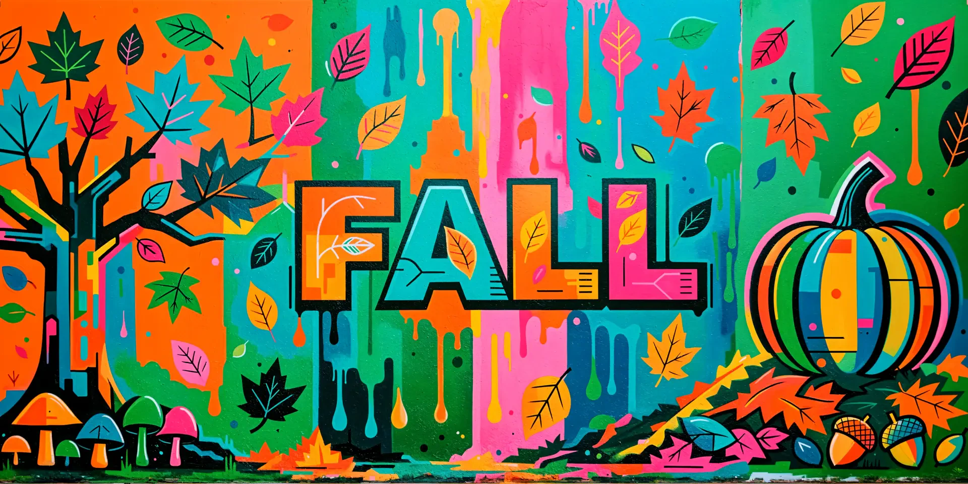 Colorful graffiti mural reading FALL with dripping paint, scattered autumn leaves, a pumpkin and mushrooms — 4K Ultra HD PC desktop wallpaper and background.