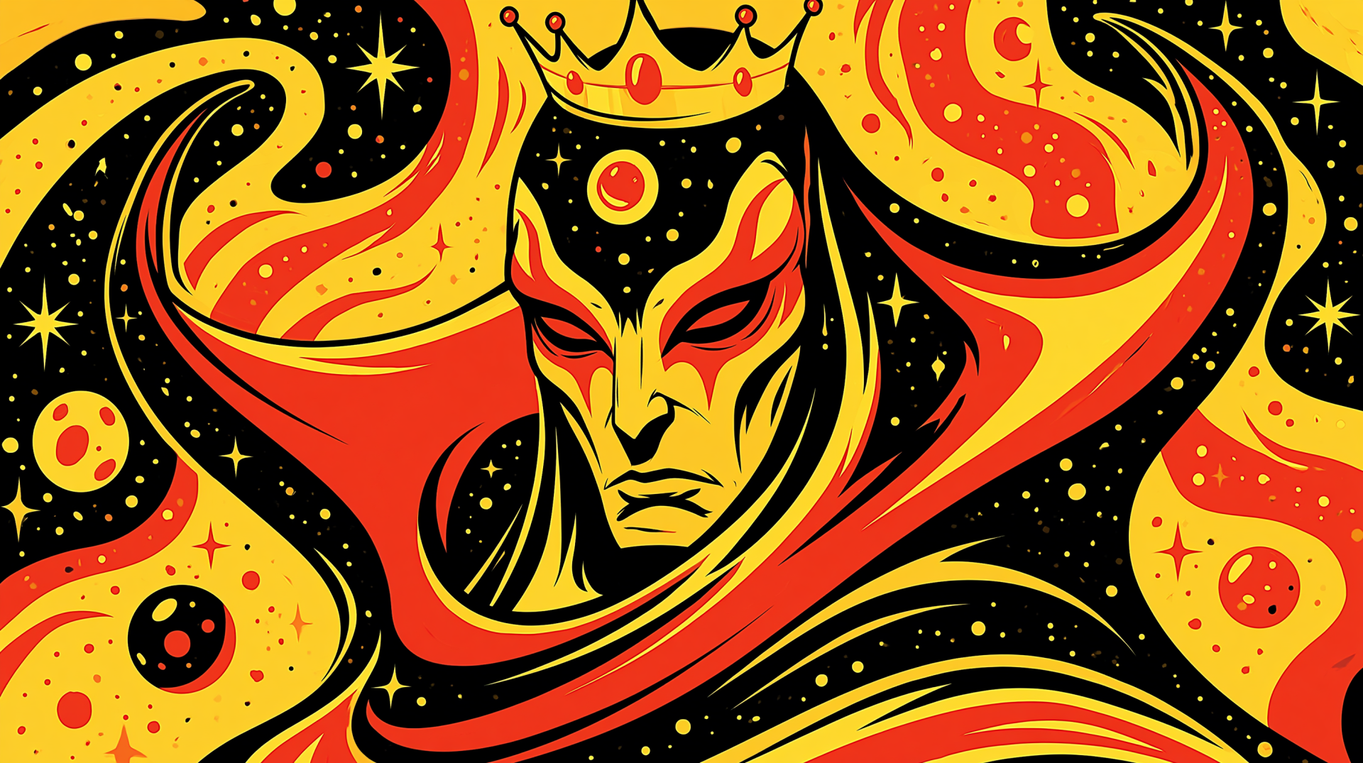 2K Quad HD PC desktop wallpaper of a royal demon king wearing a crown, fiery red-and-gold flames and cosmic stars swirling around a stern demonic face.