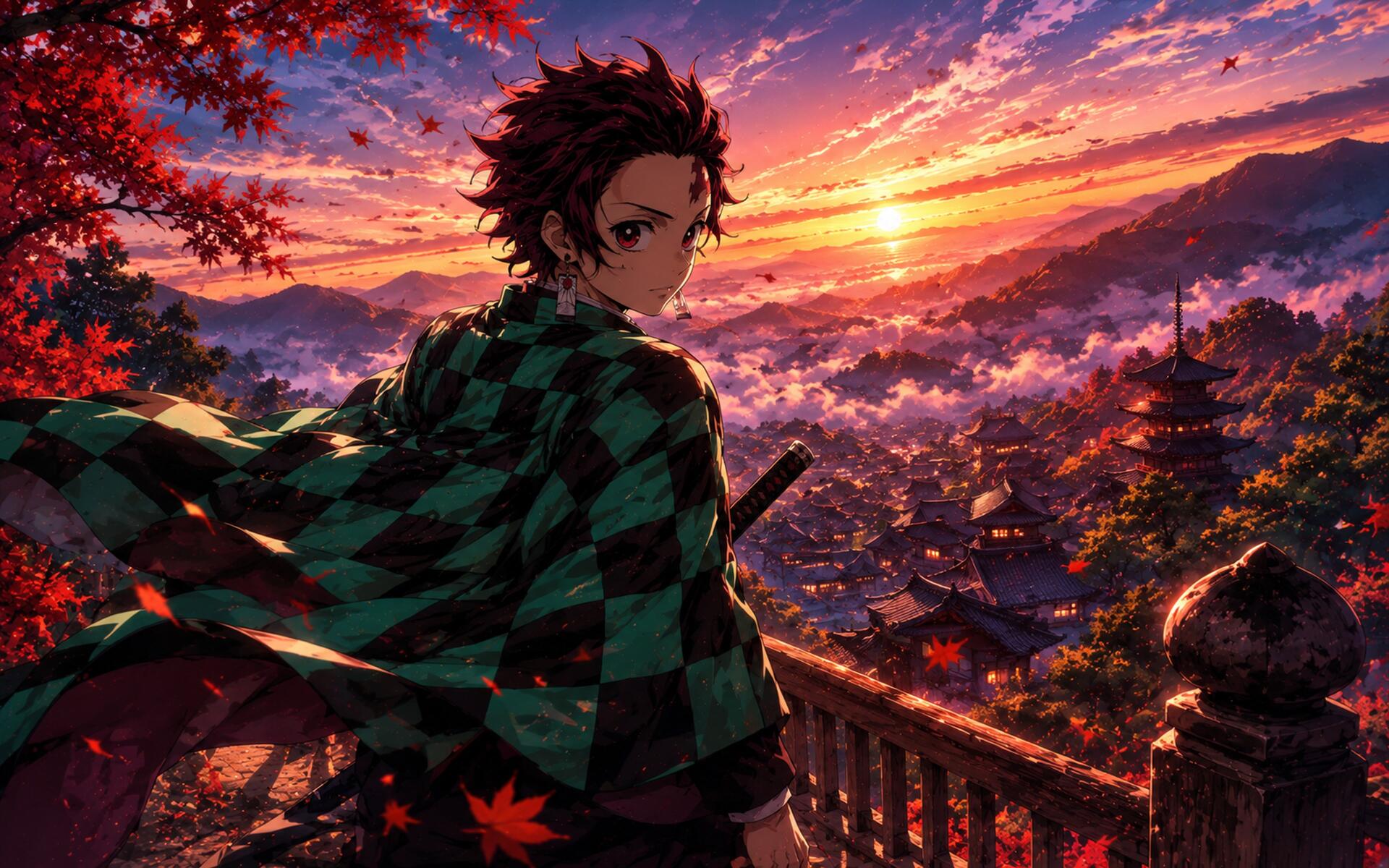 Tanjiro Kamado from the anime stands on a wooden balcony at sunset, sword at his side, green-black checkered haori and falling red maple leaves — 4K Ultra HD PC desktop wallpaper background.